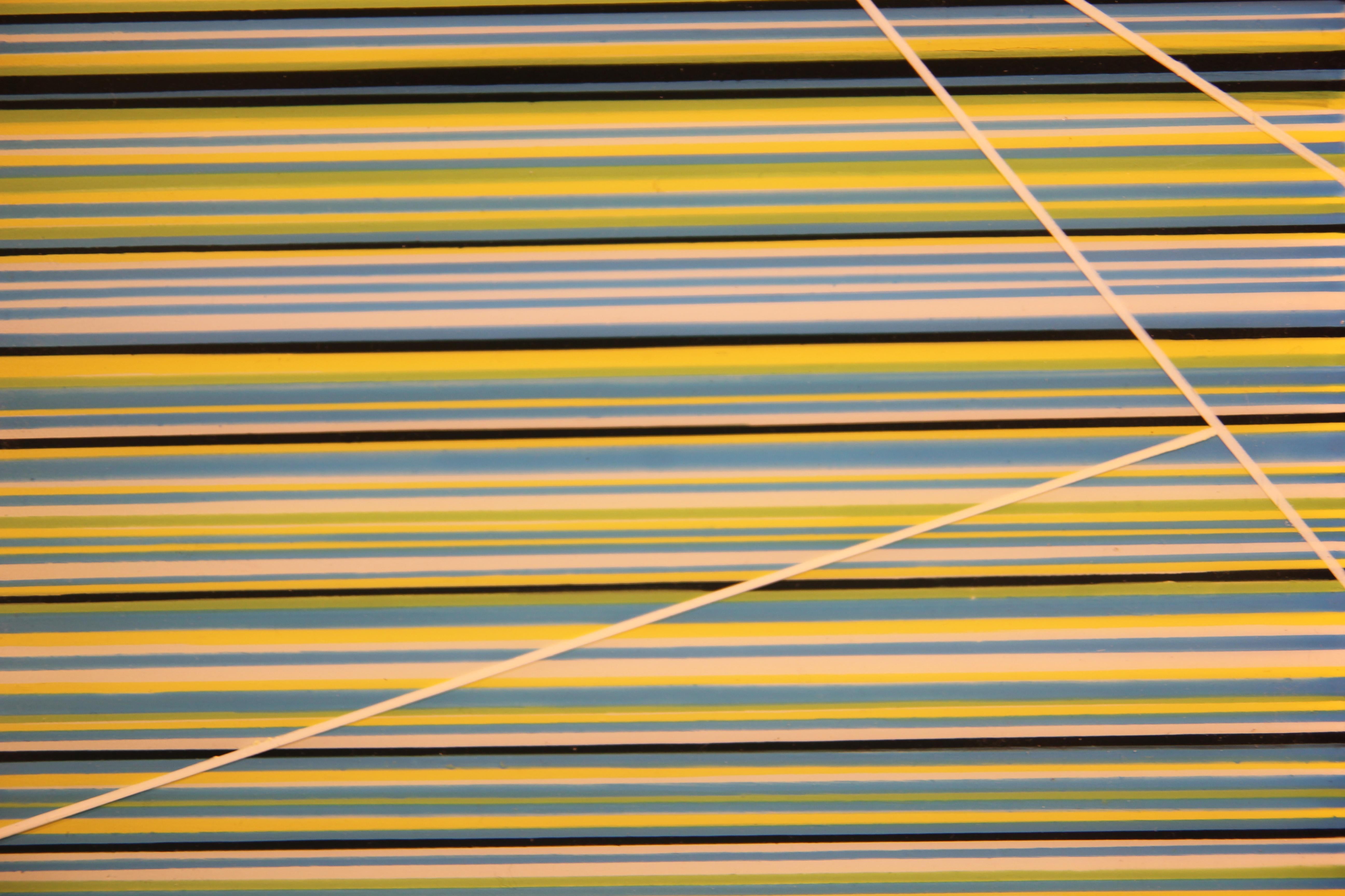 Similar to the work of Carlos Cruz-Diez and Gene Davis. Minimal linear abstract painting with different colored parallel lines across the canvas. The work is signed, titled and dated on the back of the canvas by the artist. The canvas is not