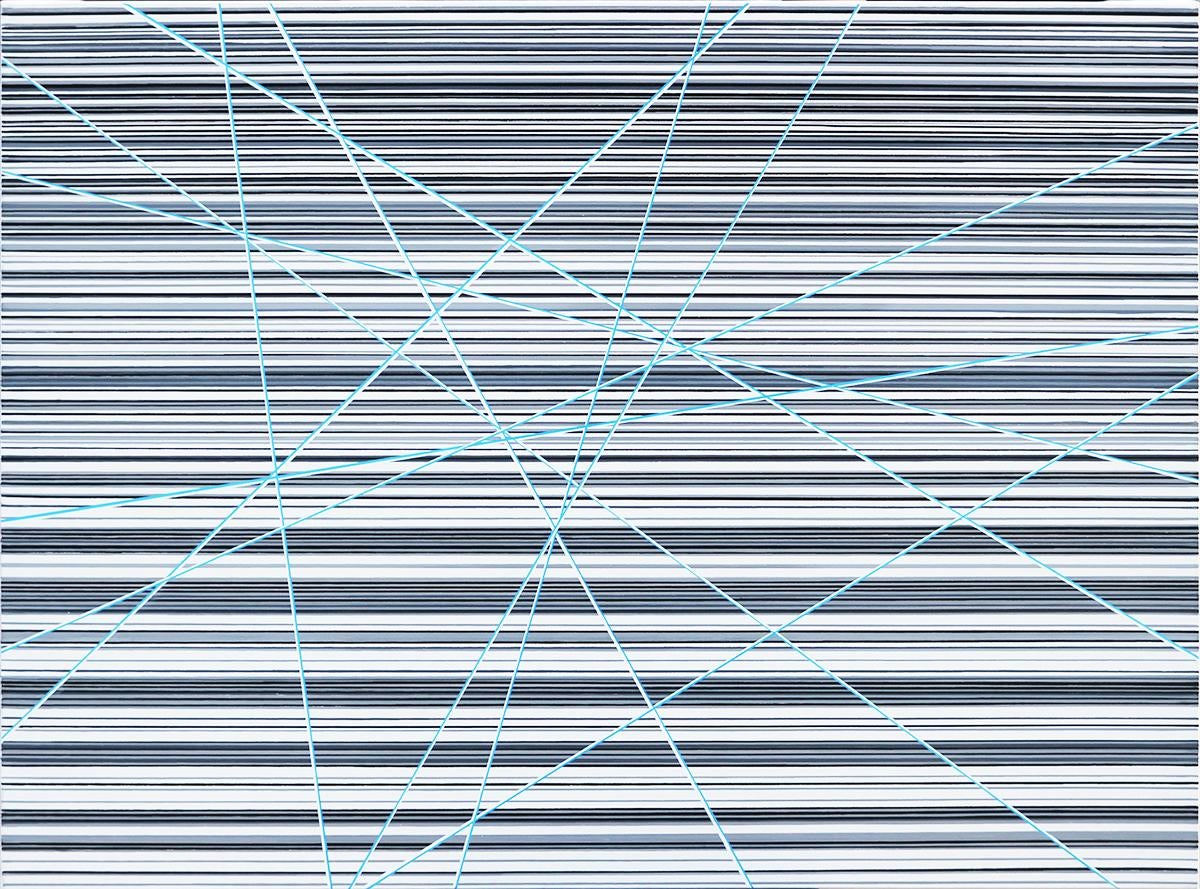 Geometric abstract painting with grayscale horizontal lines with blue and white stripes running diagonally across the board, creating an optical illusion. The work is signed, titled and dated on the back of the canvas by the artist. The canvas is