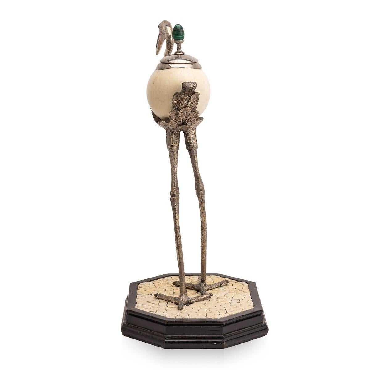 English Anthony Redmile Ostrich Egg Box Mounted on Silver Plated Crane, circa 1970