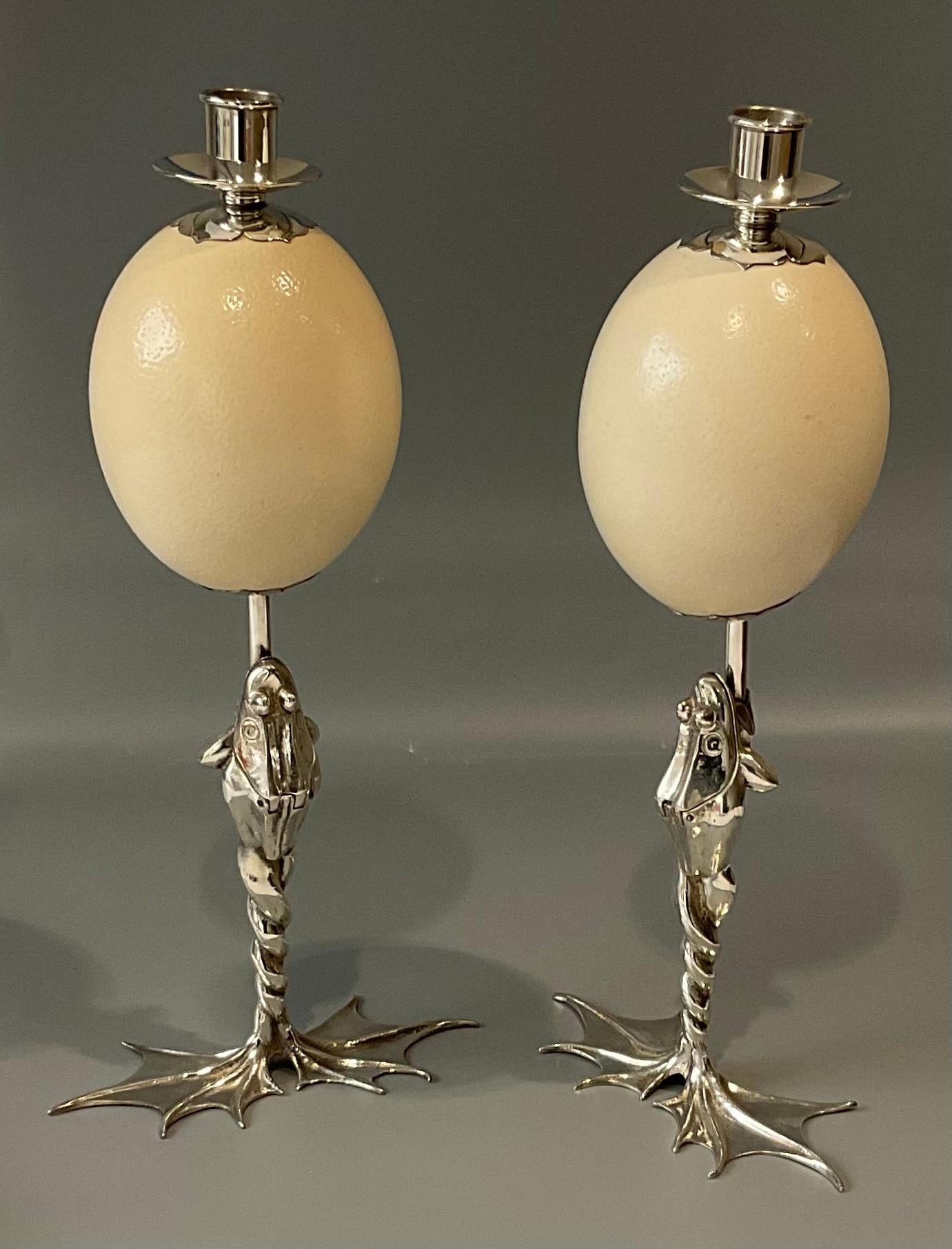Amazing frog and ostrich egg pair of candle holders by Anthony Redmile. Breathtaking design for the most discerning collector. Will enhance any interior with the unique style and design. 

Anthony Redmile was one of the leading eccentric designers