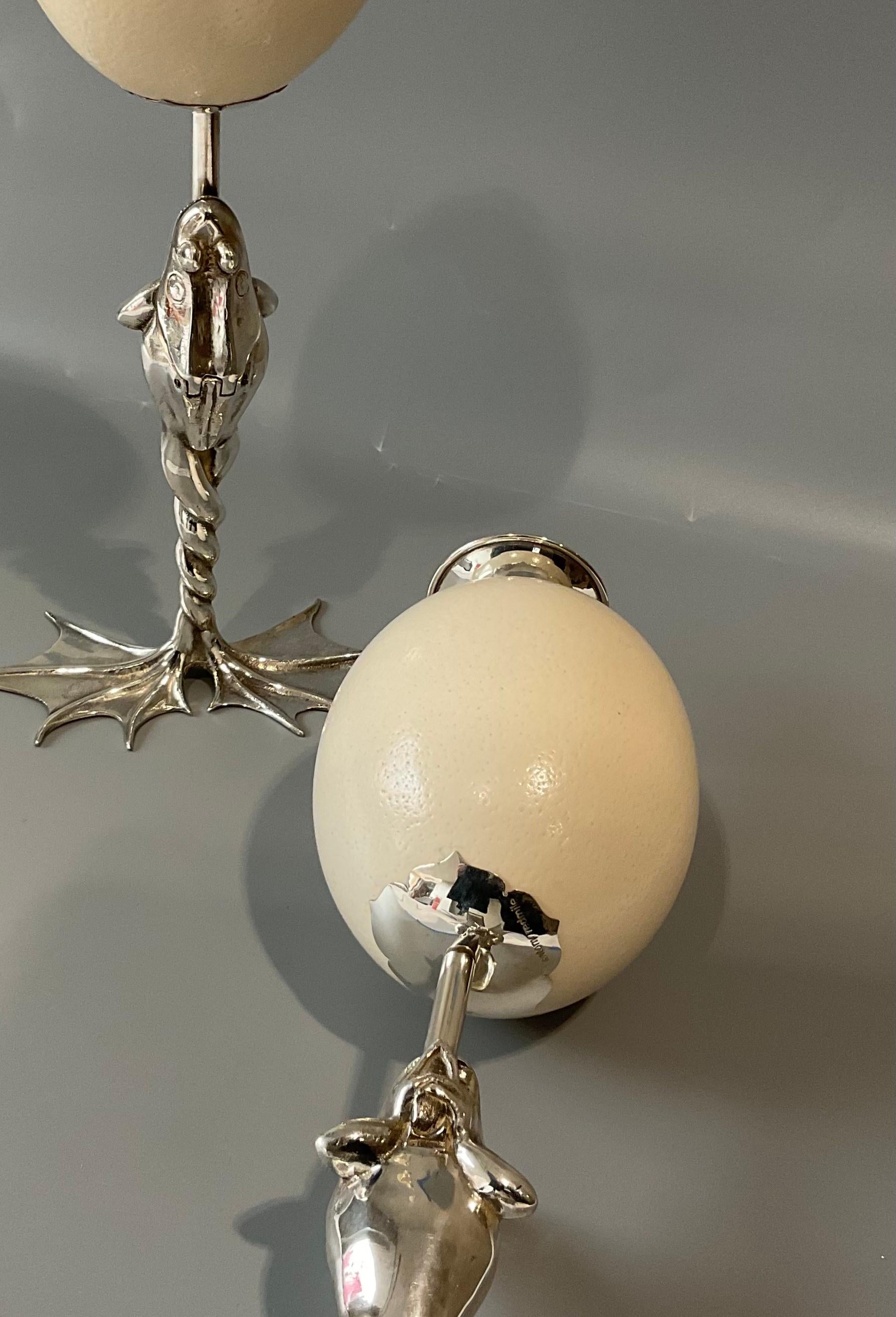Silver Plate Anthony Redmile Pair Artist Signed Frog Candles Ostrich Egg Sculptures