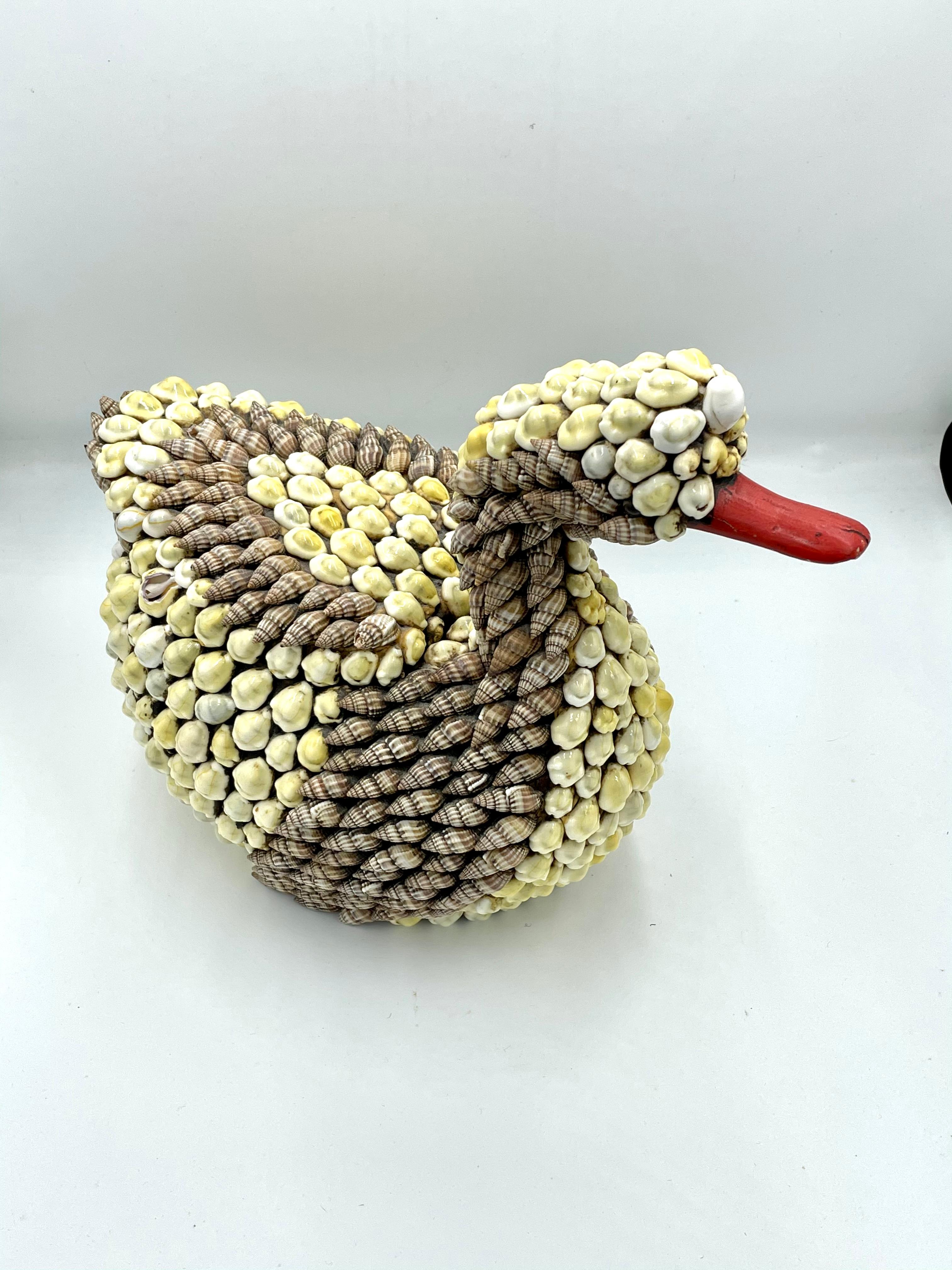 Beautiful RARE Anthony Redmile shell encrusted swan or duck form box, 20th c.
Red lined interior with 