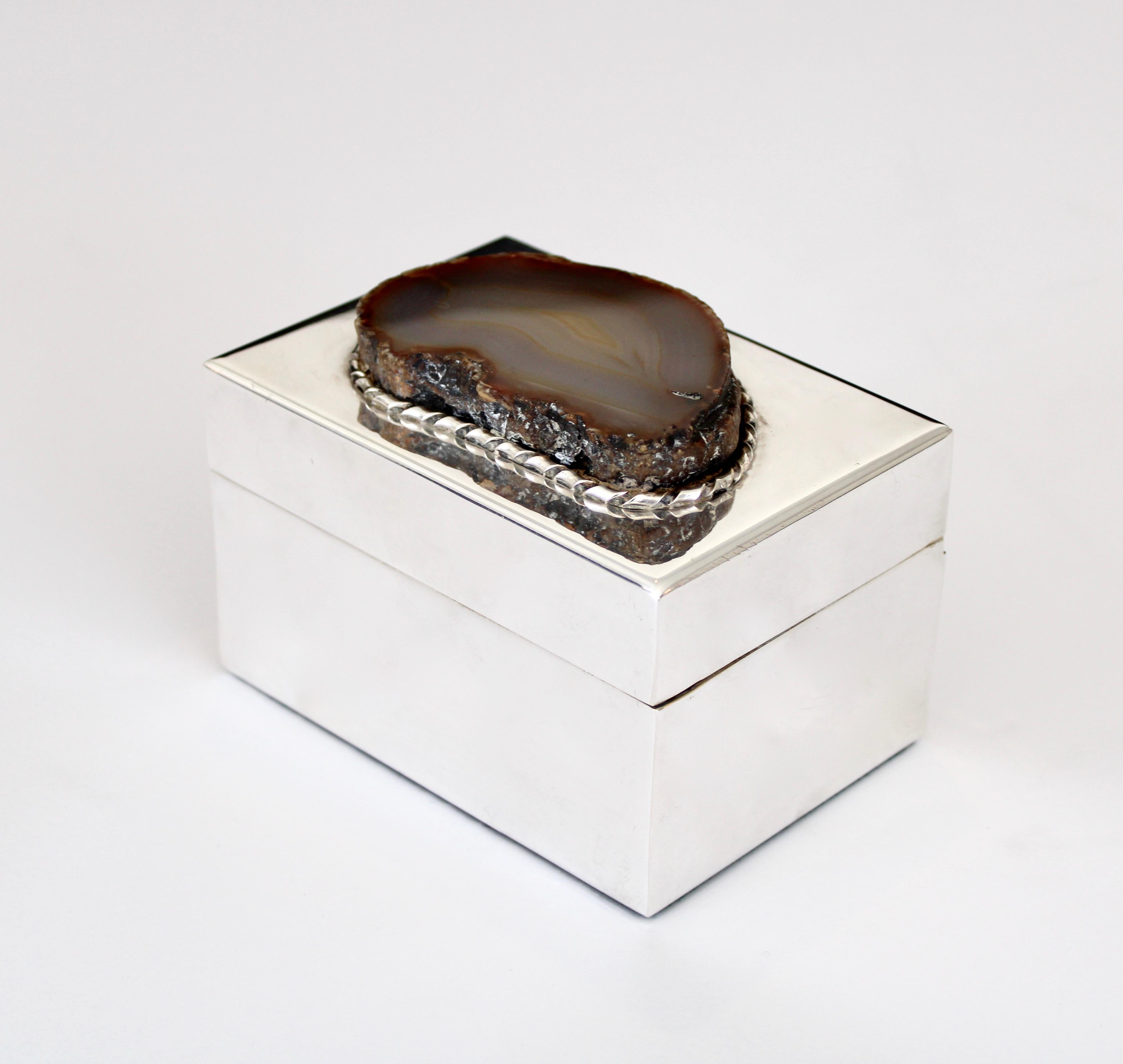British Anthony Redmile Silver Plate Box with Agate Top London, circa 1970