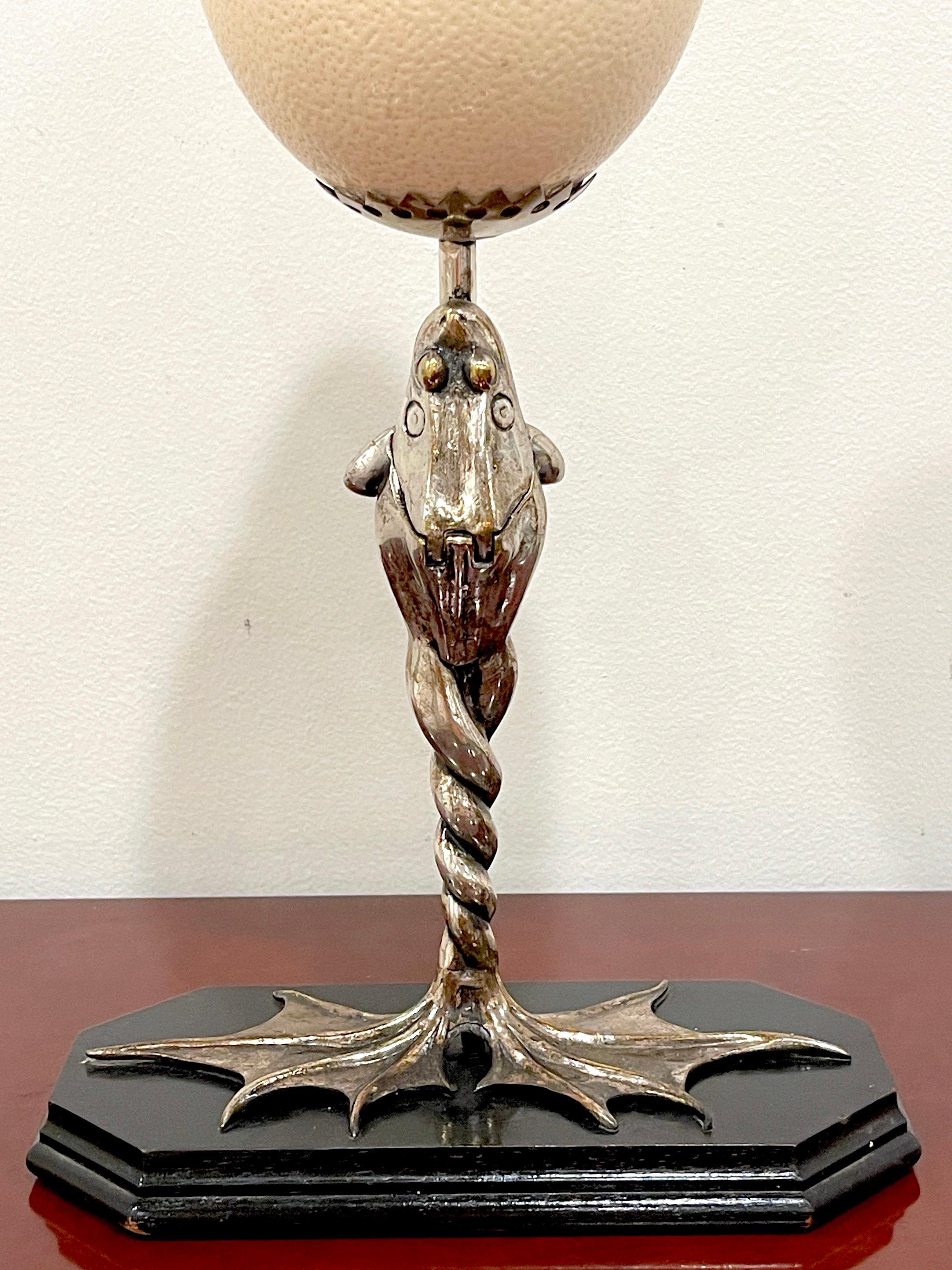 English Anthony Redmile Silverplated Figural Frog Mounted Ostrich Egg Candlestick For Sale