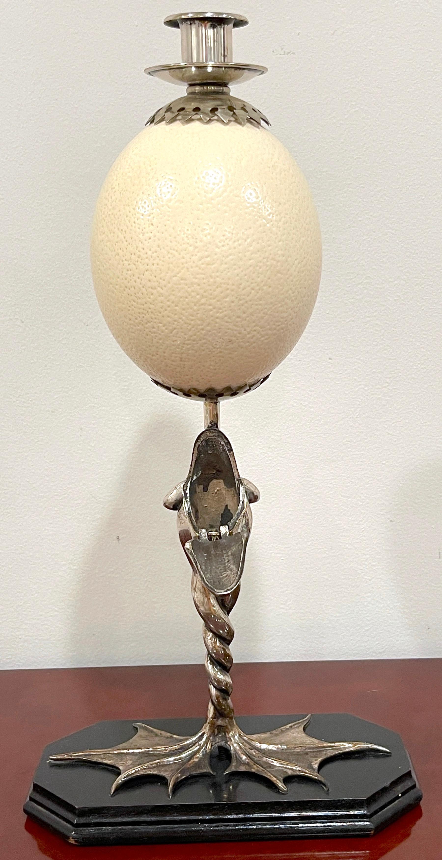 Anthony Redmile Silverplated Figural Frog Mounted Ostrich Egg Candlestick In Good Condition For Sale In West Palm Beach, FL