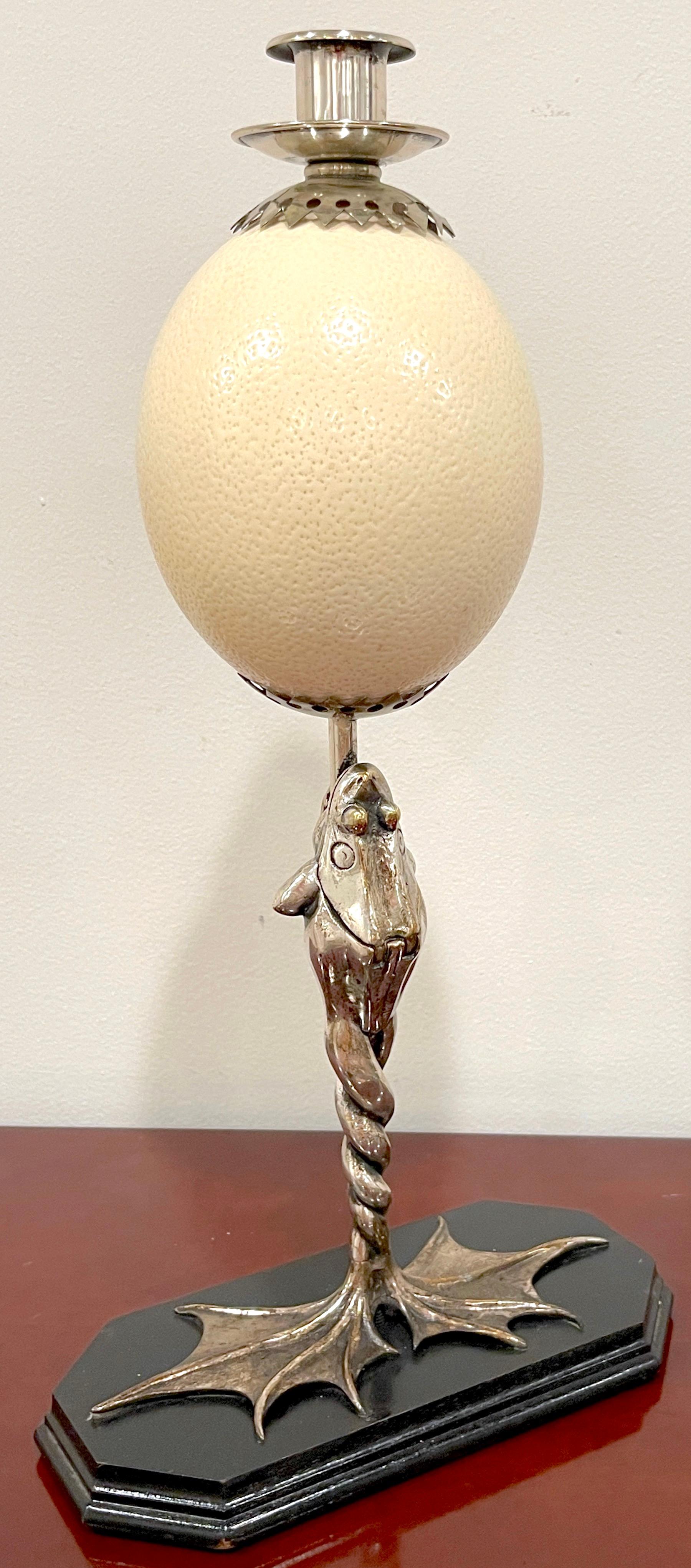 Brass Anthony Redmile Silverplated Figural Frog Mounted Ostrich Egg Candlestick For Sale