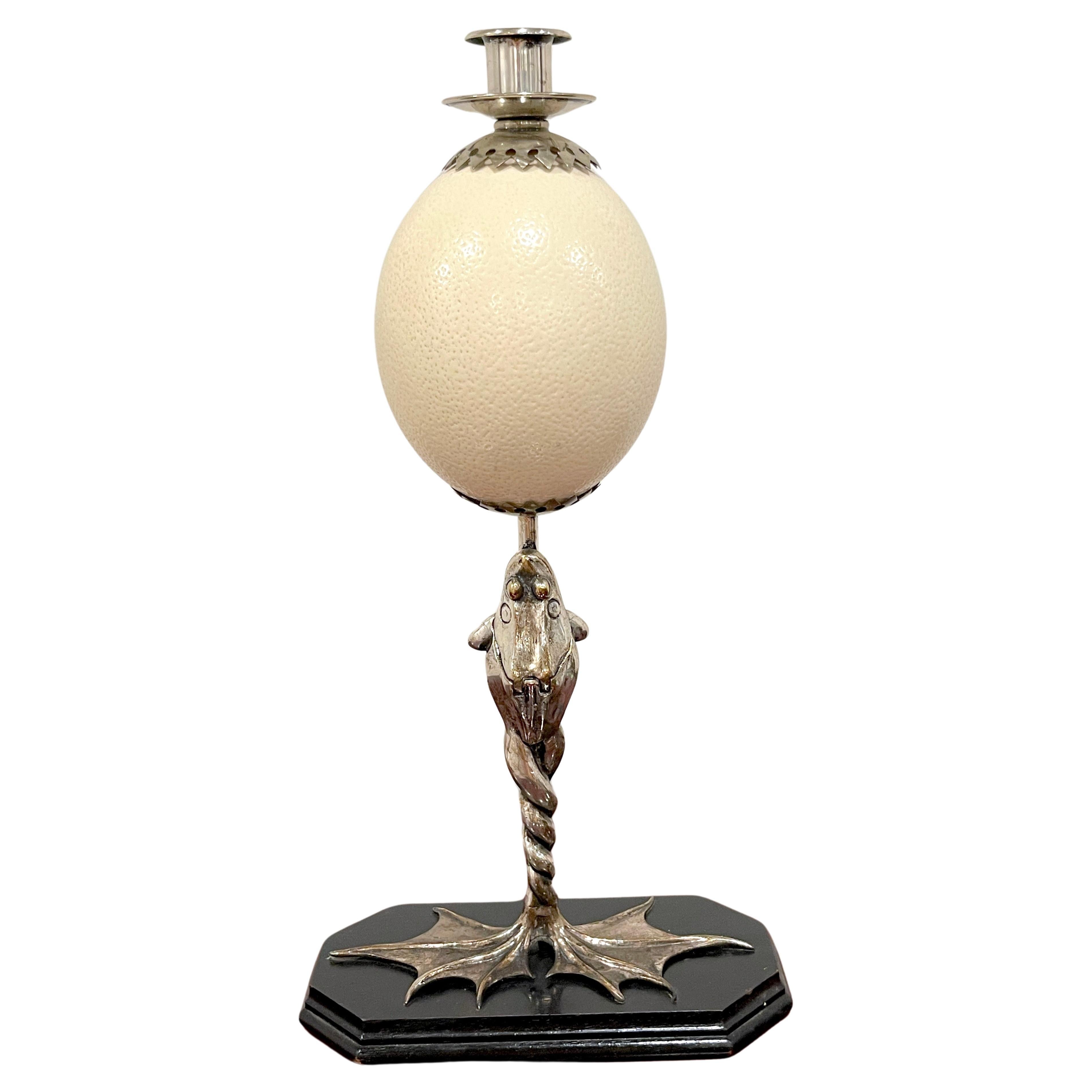 Anthony Redmile Silverplated Figural Frog Mounted Ostrich Egg Candlestick For Sale