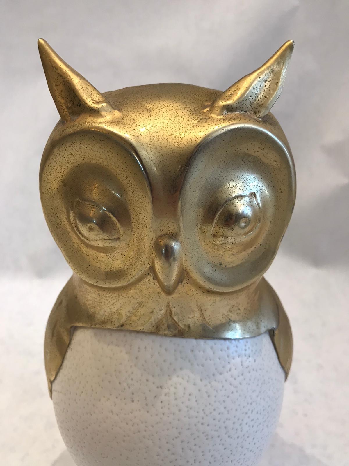 Darling as can be, this whimsical vintage owl sculpture made from gilded metal and a real ostrich egg. Not signed but possibly by Anthony Redmile. It is of very high quality in detail, craftsmanship and proportion.