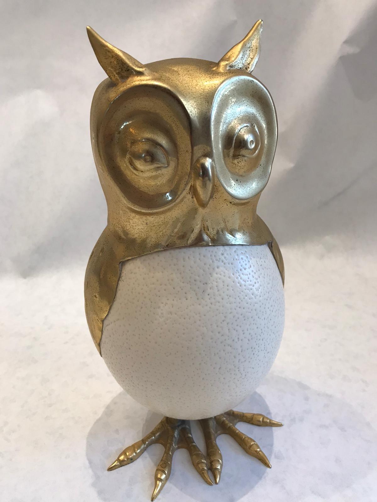 Late 20th Century Anthony Redmile Style Ostrich Egg and Brass Owl Sculpture