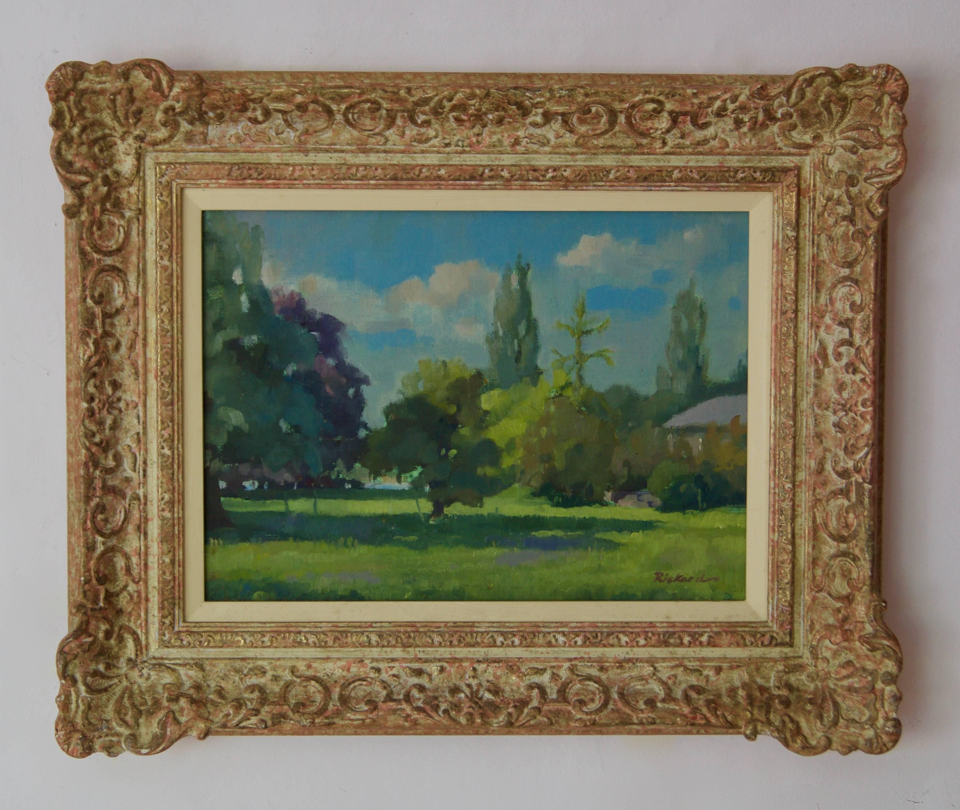 Parque de verano - Óleo impresionista de mediados del siglo XX de Anthony Rickards en venta 1