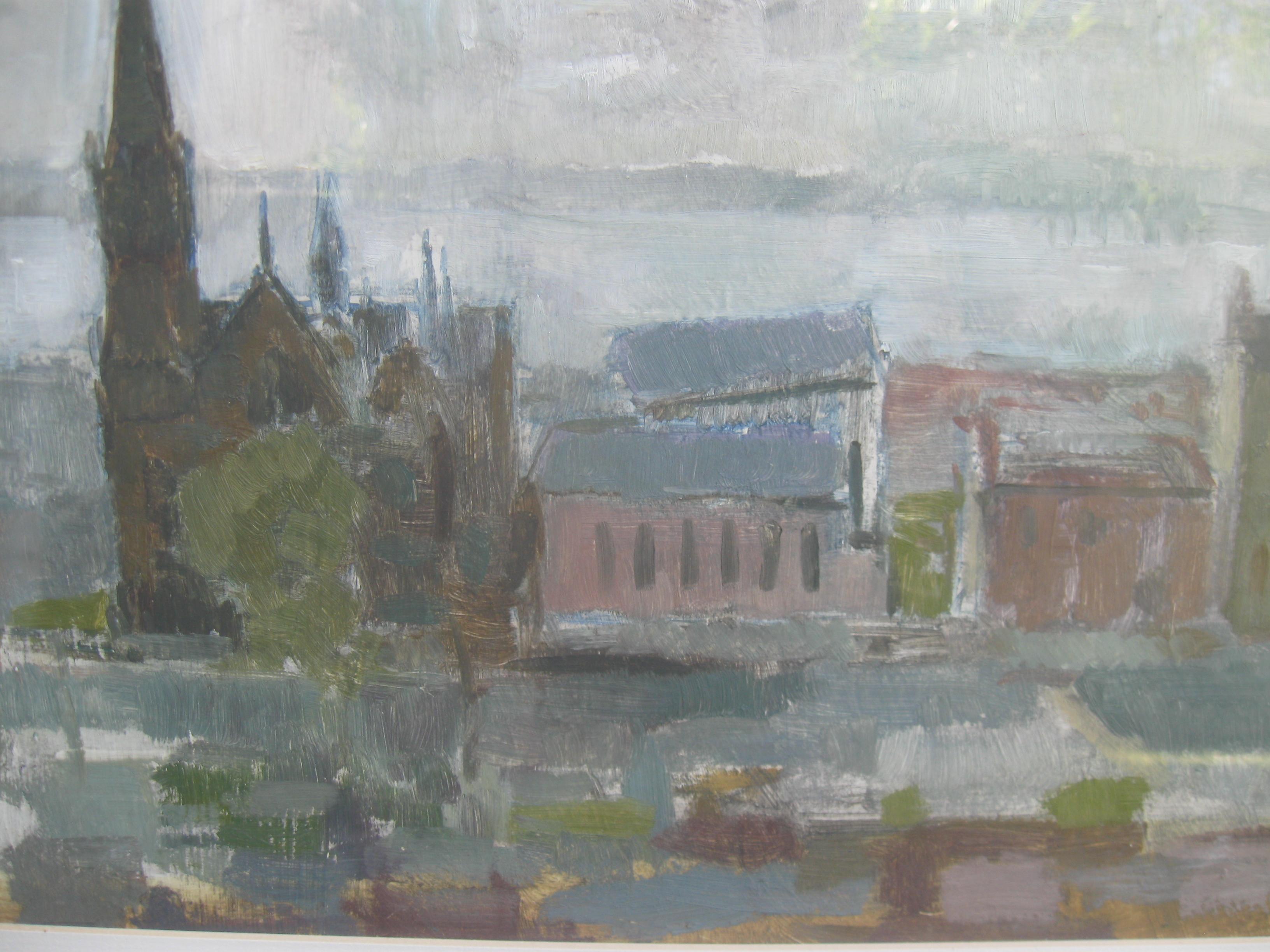 'Roseangle Kirk and the Tay Bridge' oil c 1962 - Painting by Anthony S. Campbell