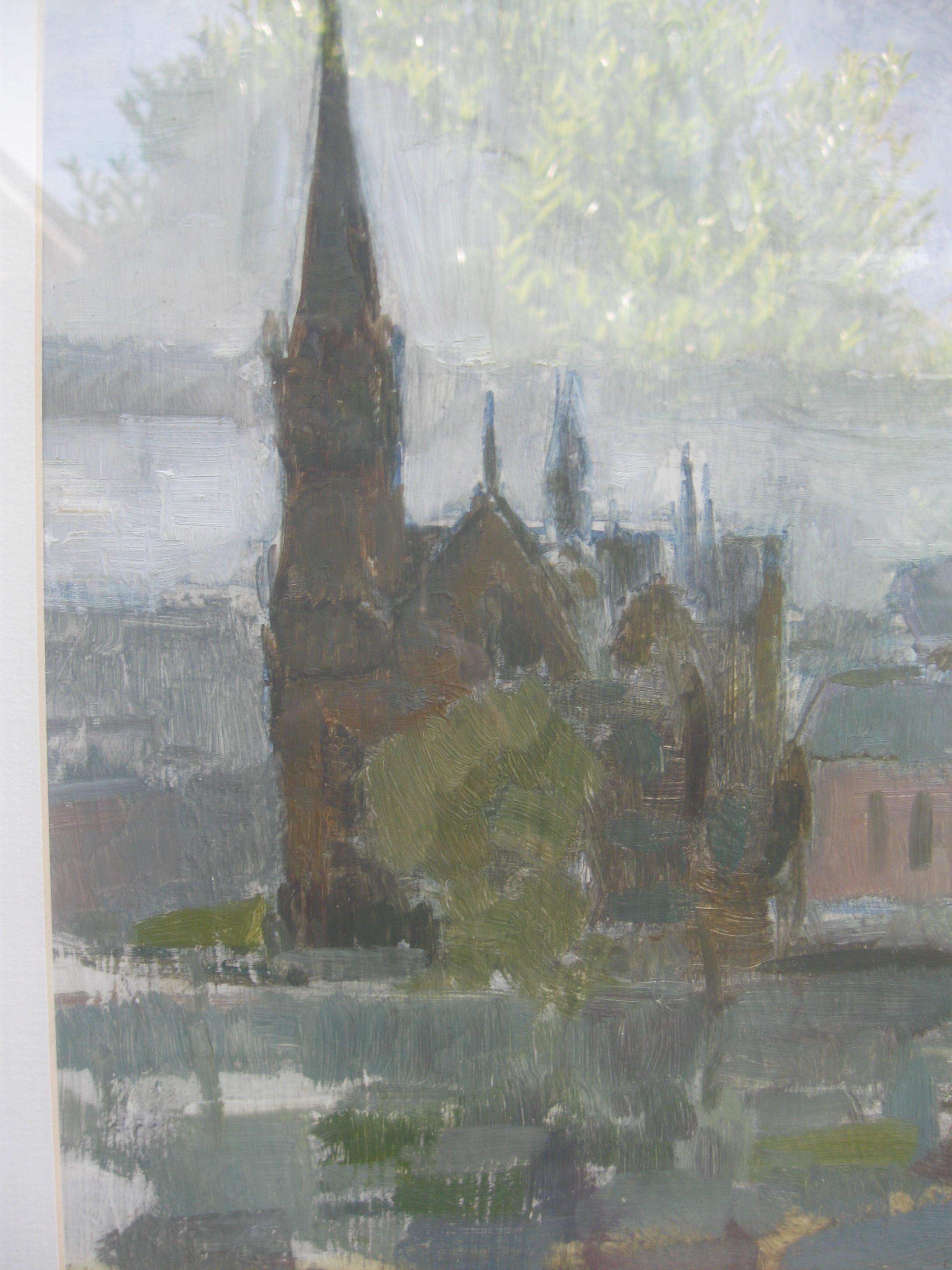 'Roseangle Kirk and the Tay Bridge' oil c 1962 - Gray Landscape Painting by Anthony S. Campbell