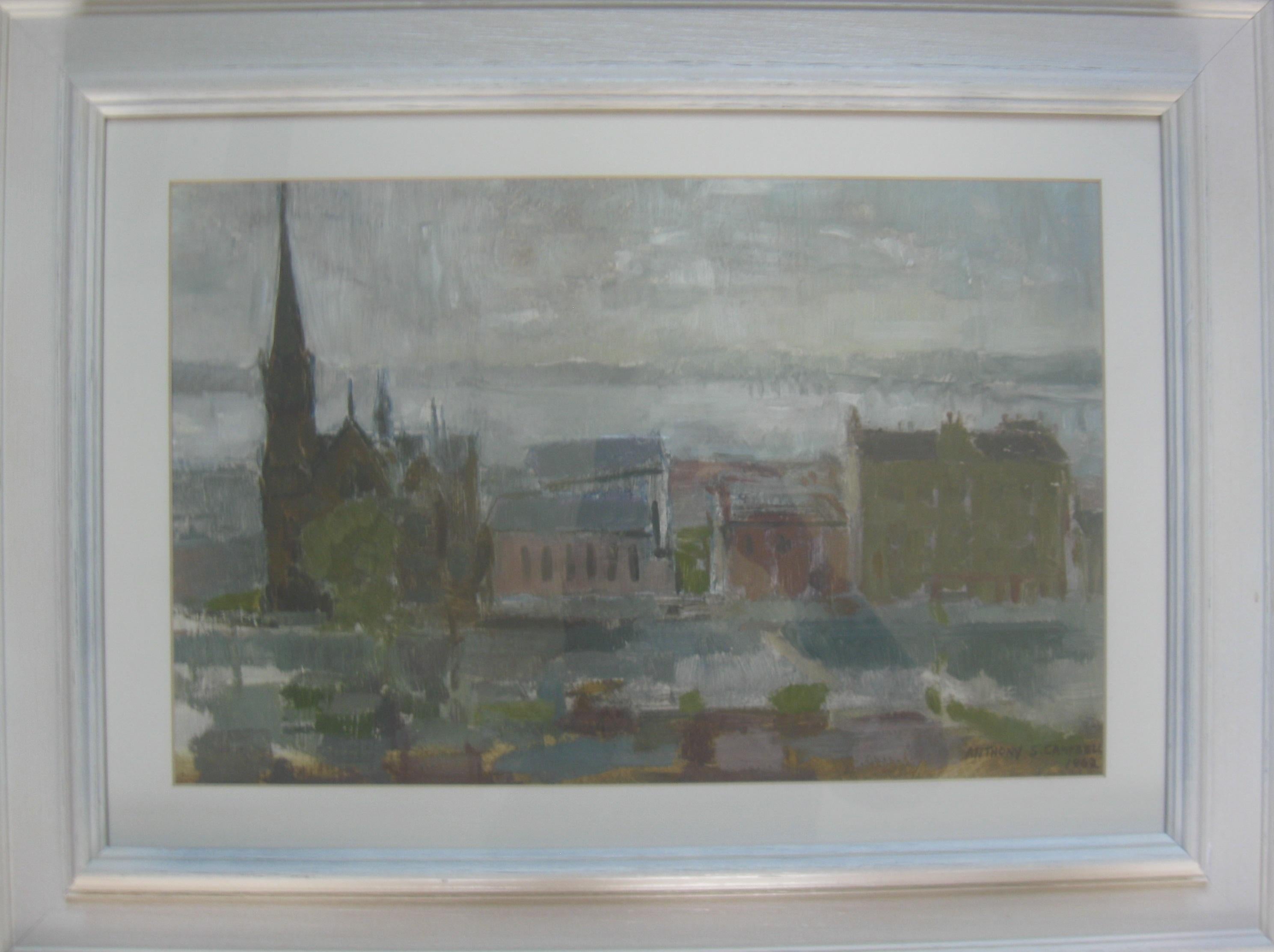 Anthony S. Campbell Landscape Painting - 'Roseangle Kirk and the Tay Bridge' oil c 1962