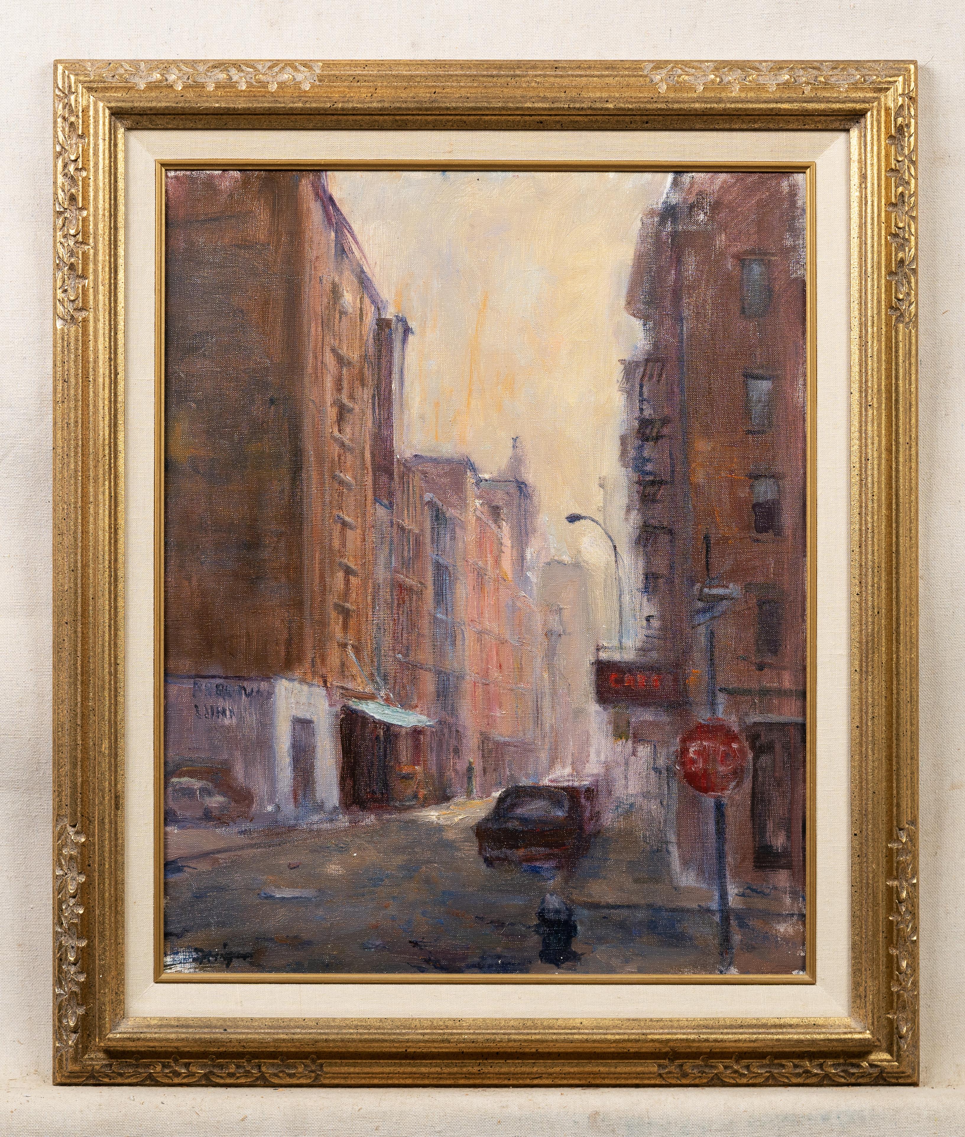 Antique American impressionist street scene oil painting by Anthony Springer (1928 - 1995).  Oil on canvas.  Framed.  Signed.  Image size size, 20H x 16L.