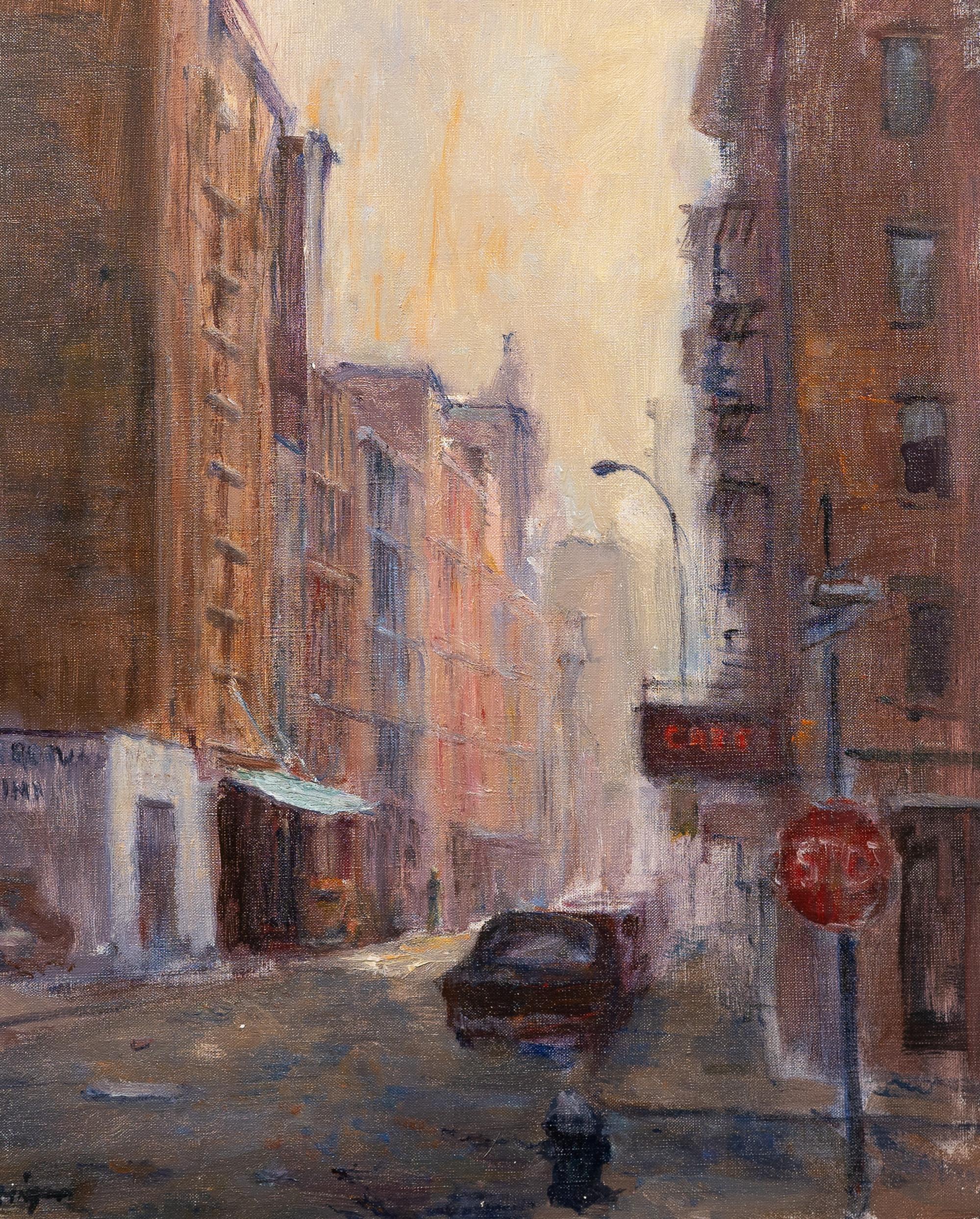 Antikes amerikanisches impressionistisches Gemälde, Lower Manhattan, New Yorker Straßenszene, Gemälde im Angebot 1