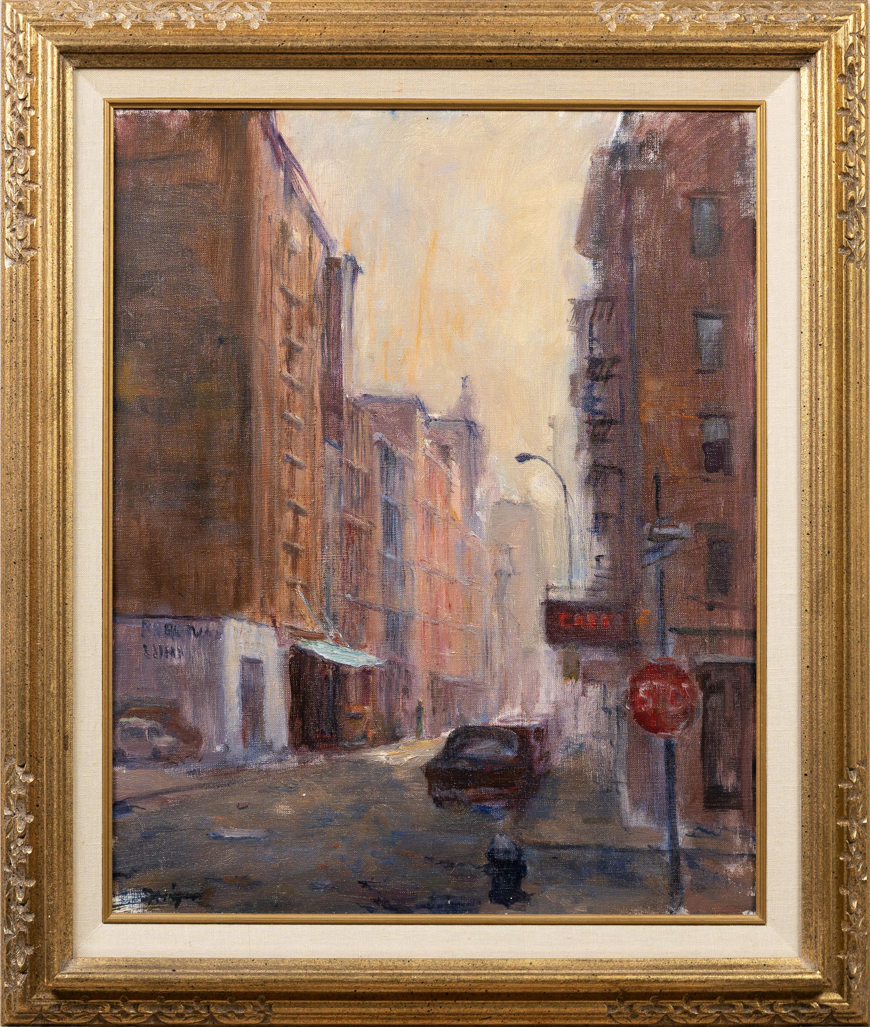 Landscape Painting di Anthony Springer - Antico dipinto impressionista americano con scena di strada di Lower Manhattan New York