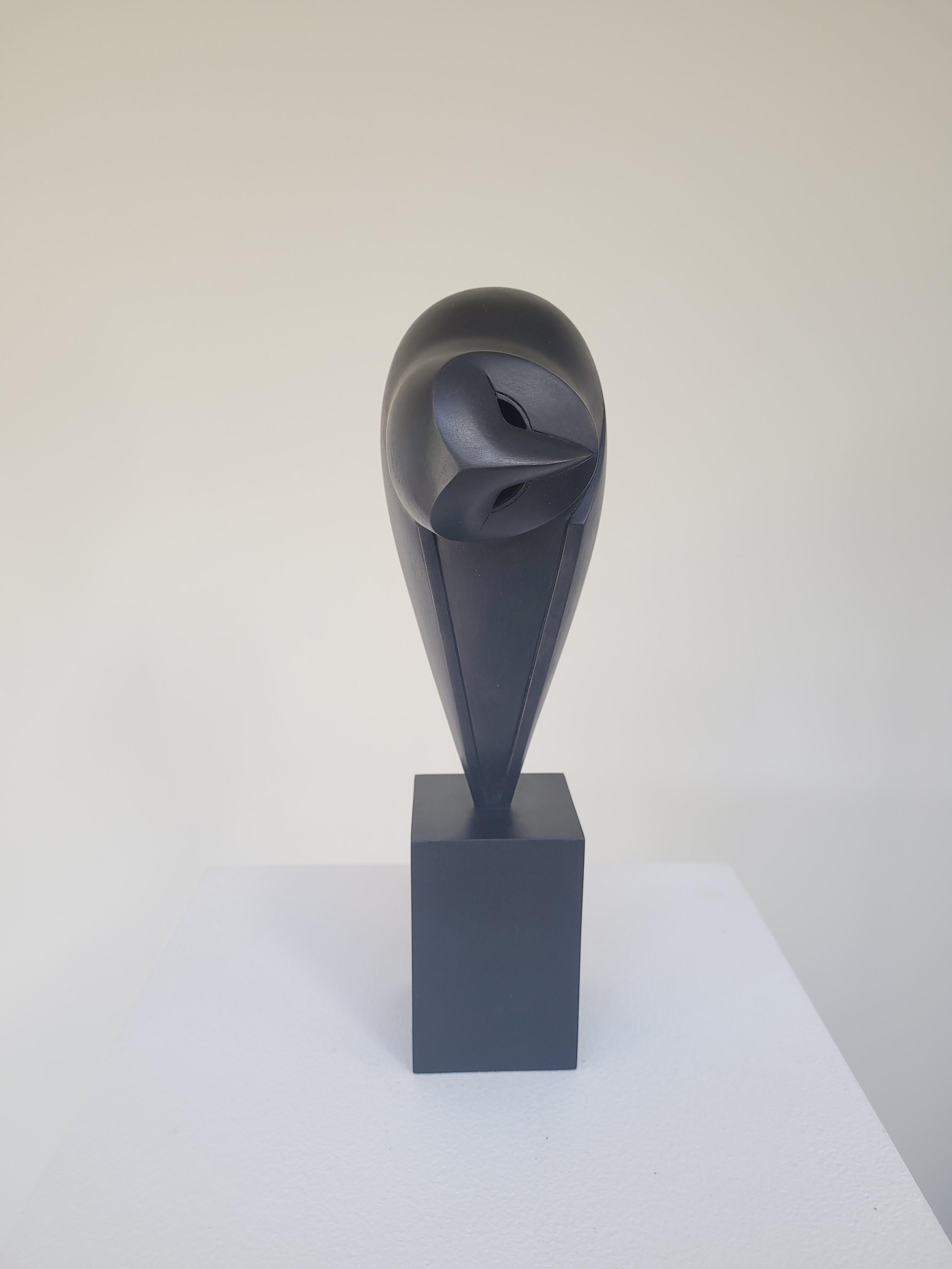 Anthony Theakston Figurative Sculpture - "20-20" Contemporary Bronze Sculpture Portrait of a Black Owl, Bird