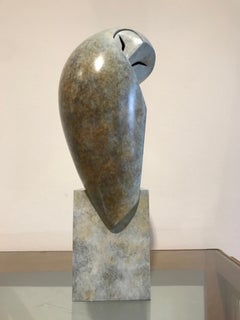"Bastion" Contemporary Bronze Sculpture Portrait of an Owl, Barn Owl White Brown