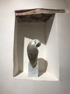 "Bastion" Contemporary Bronze Sculpture Portrait of an Owl, Barn Owl White Brown