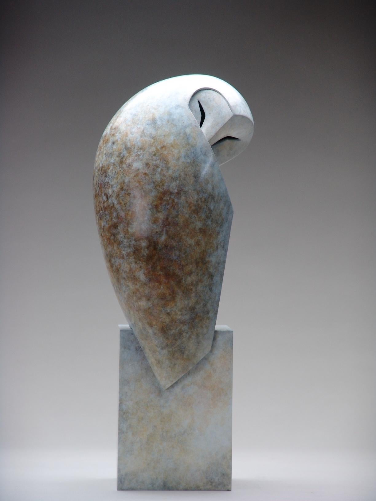 Anthony Theakston Figurative Sculpture - "Bastion" Contemporary Bronze Sculpture Portrait of an Owl, Barn Owl White Brown