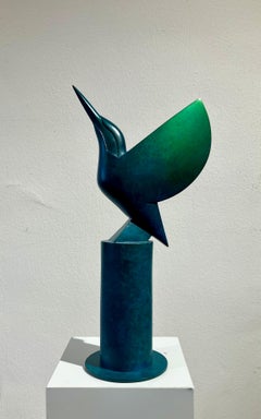 ''Kingfisher" Contemporary Bronze Sculpture Portrait of a Blue/Green Kingfisher