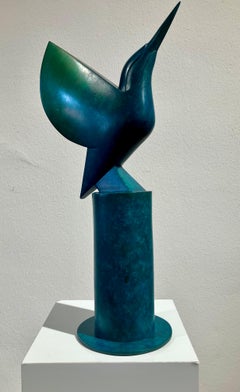 Scultura contemporanea in bronzo "Kingfisher" Ritratto di un martin pescatore blu/verde