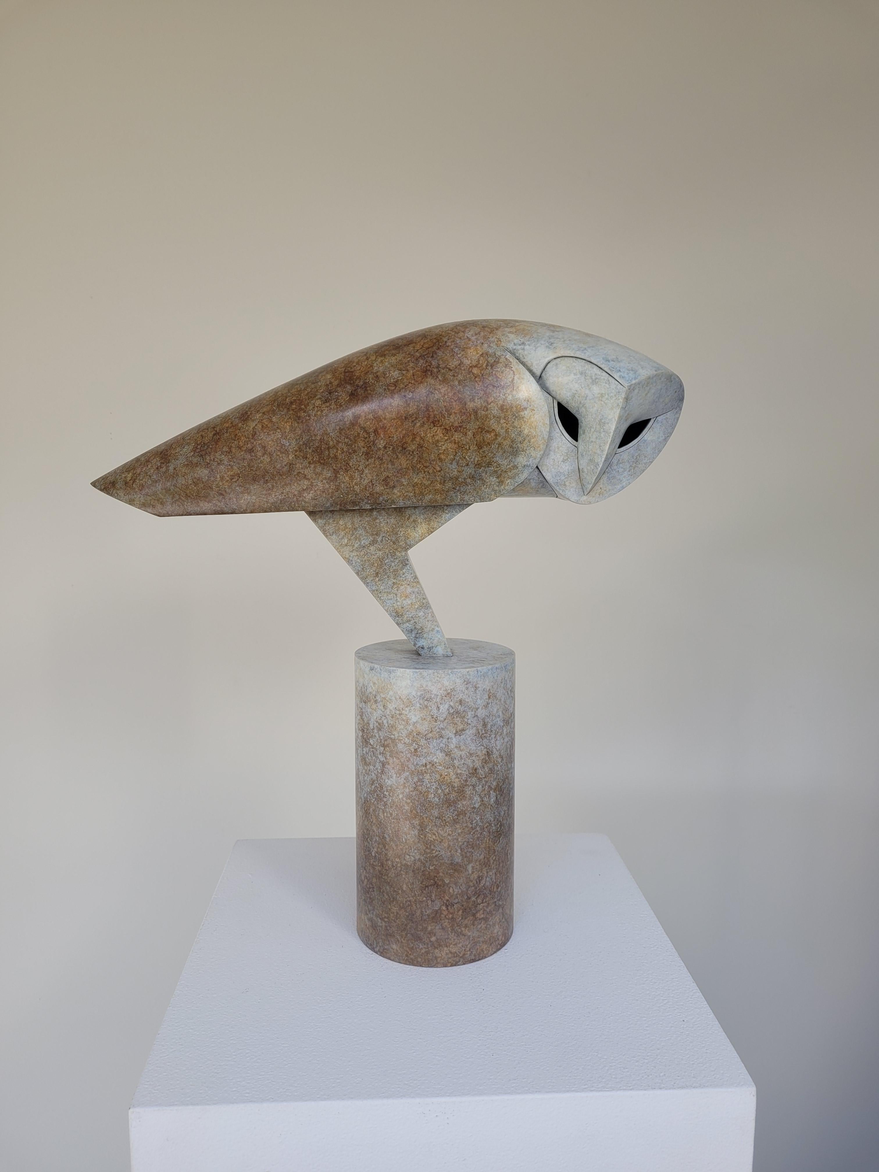 Anthony Theakston Figurative Sculpture - ''New Sideways" Contemporary Bronze Sculpture Portrait of an Owl, Barn Owl
