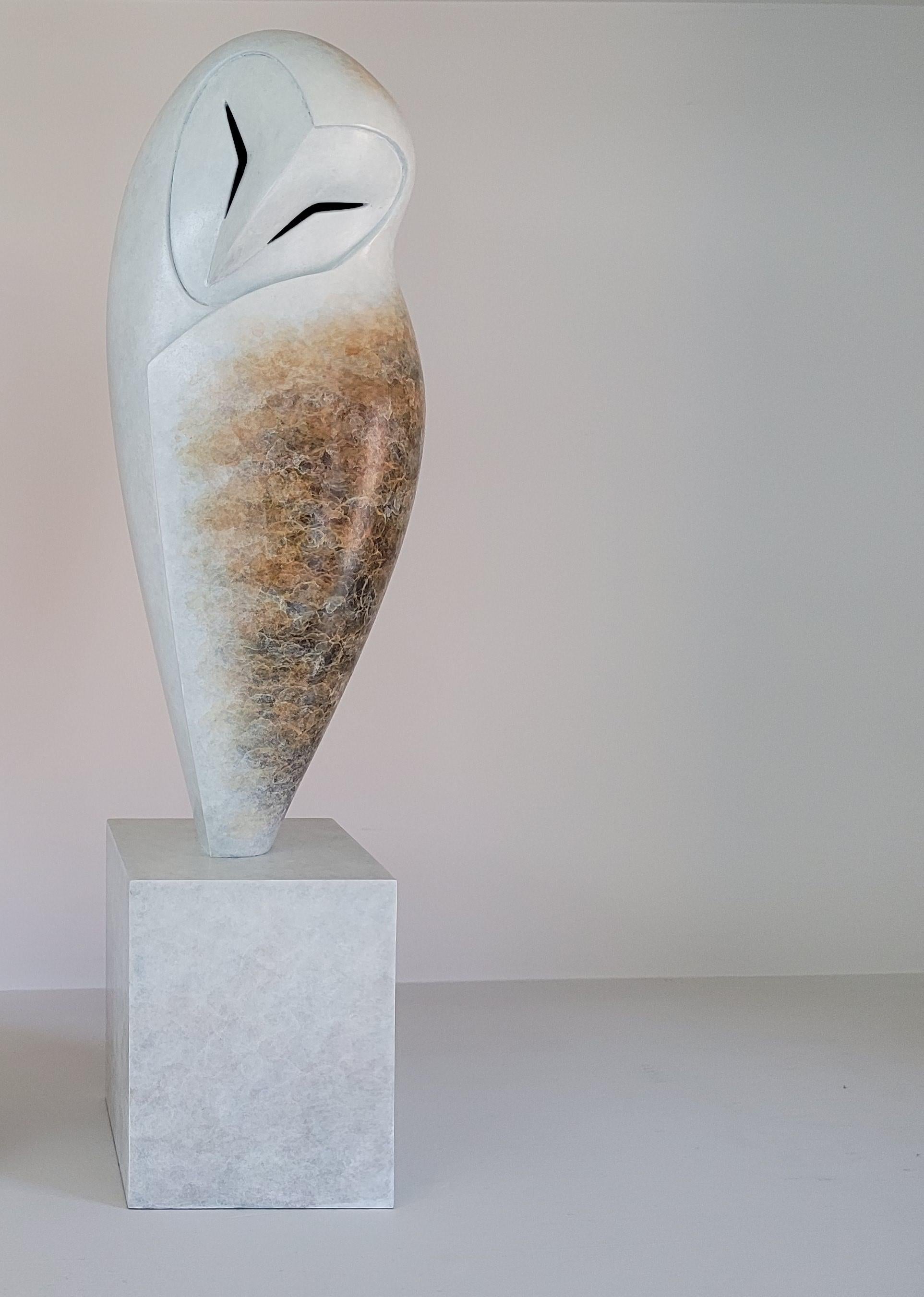 Anthony Theakston Figurative Sculpture - ''Peaceful (Medium)" Contemporary Bronze Sculpture Portrait of an Owl, Barn Owl