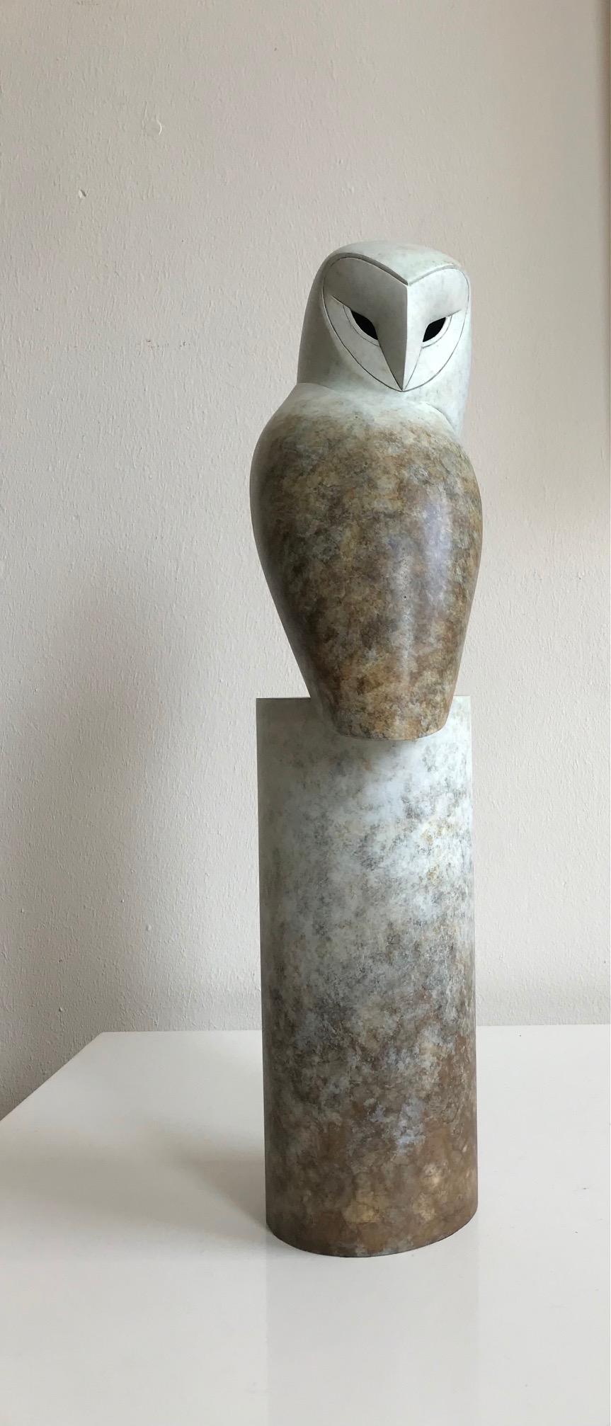 Anthony Theakston Figurative Sculpture - ''Turnaround" Contemporary Bronze Sculpture Portrait of an Owl, Barn Owl