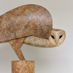 ''Winged Sideways" Contemporary Bronze Sculpture Portrait of an Owl, Barn Owl