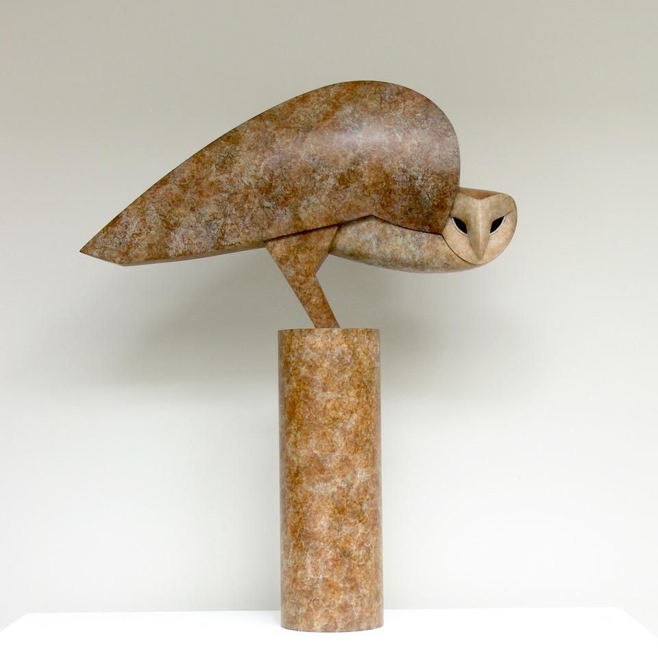 Anthony Theakston Figurative Sculpture - ''Winged Sideways" Contemporary Bronze Sculpture Portrait of an Owl, Barn Owl