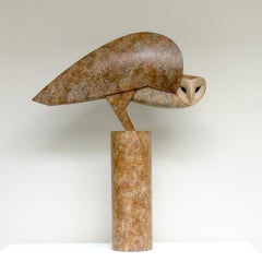 ''Winged Sideways" Contemporary Bronze Sculpture Portrait of an Owl, Barn Owl