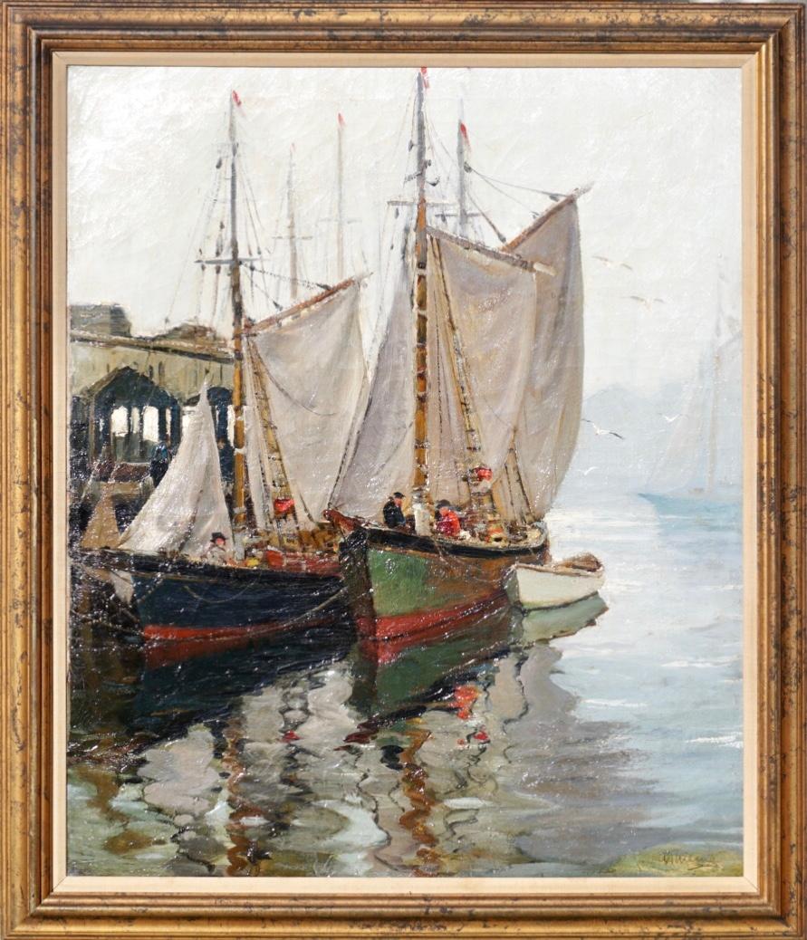 Anthony Thieme, Netherlands (1888-1954).
Titled:  'Mackerel Fleet' oil on canvas, Circa 1930
Signed lower right A, Thieme and on verso Anthony Thieme / 1803B Mackerel Fleet.
Mounted in decorative gilt frame that looks period.
Measures 41  x 35.25