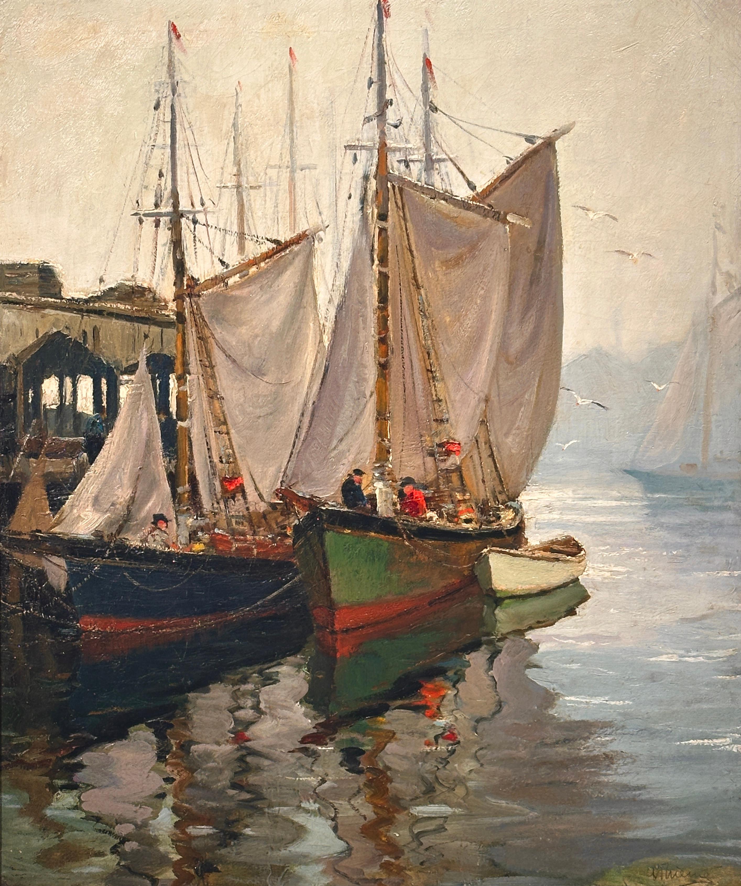 This important oil painting titled Mackerel Fleet is by Anthony Thieme (1888–1954), a leading figure of the Cape Ann School and one of the most respected American Impressionist painters of maritime life. The composition depicts a group of fishing