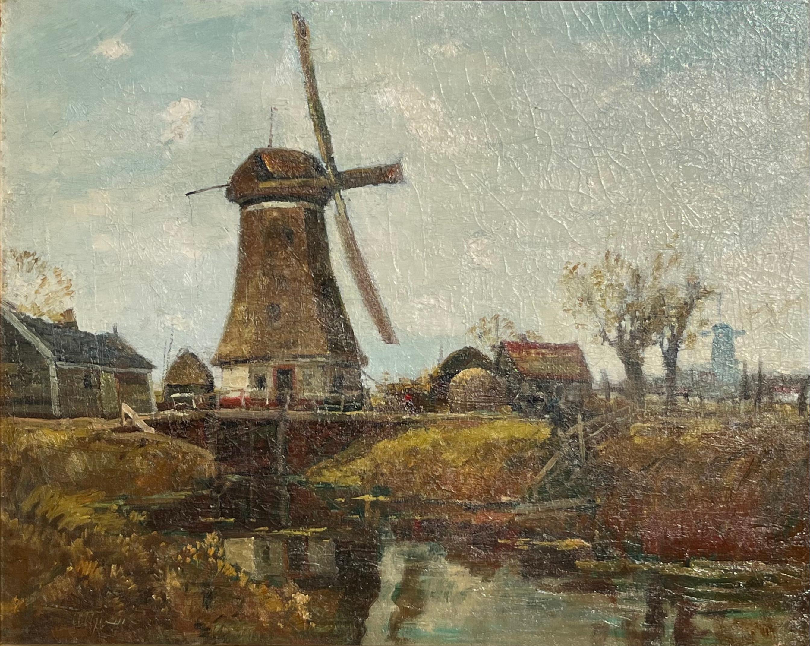 Anthony Thieme Paesaggio con mulino a vento Pittura ad olio in vendita 1