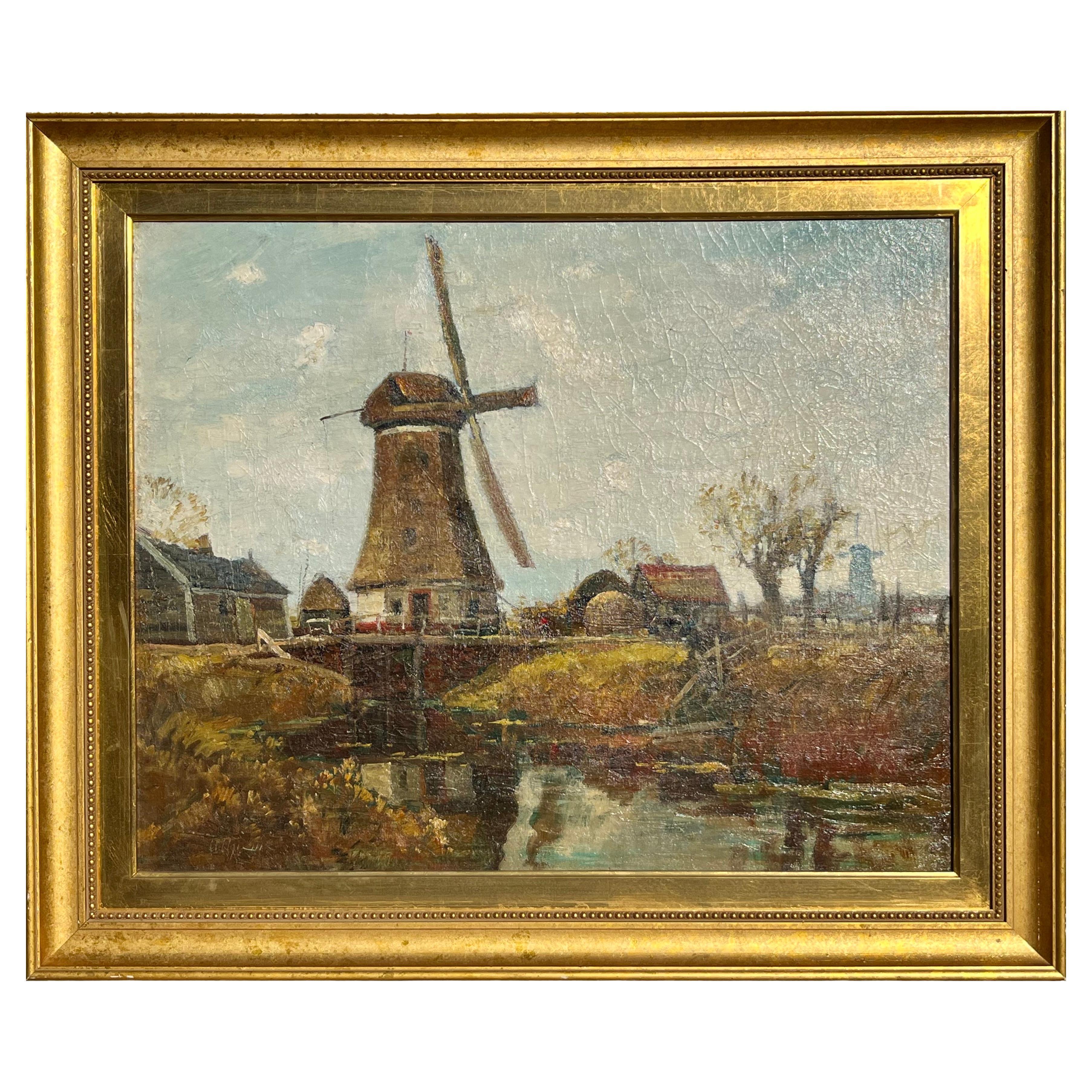 Anthony Thieme (Am. 1888–1954) Dutch landscape with Windmill.
Oil on canvas 
Signed (A. Thieme) L/L, 

A very large and formidable oils painting on canvas by Anthony Thieme. The landscape depicting the Netherlands hills covered in Windmills and farm