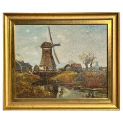 Anthony Thieme Peinture à l'huile d'un paysage de moulin à vent