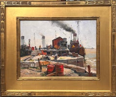 Anthony Thieme "Lavorare al molo" Pittura ad olio marittima di porto