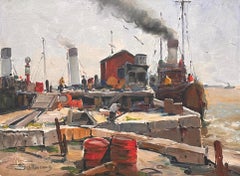 Anthony Thieme "Lavorare al molo" Pittura ad olio marittima di porto