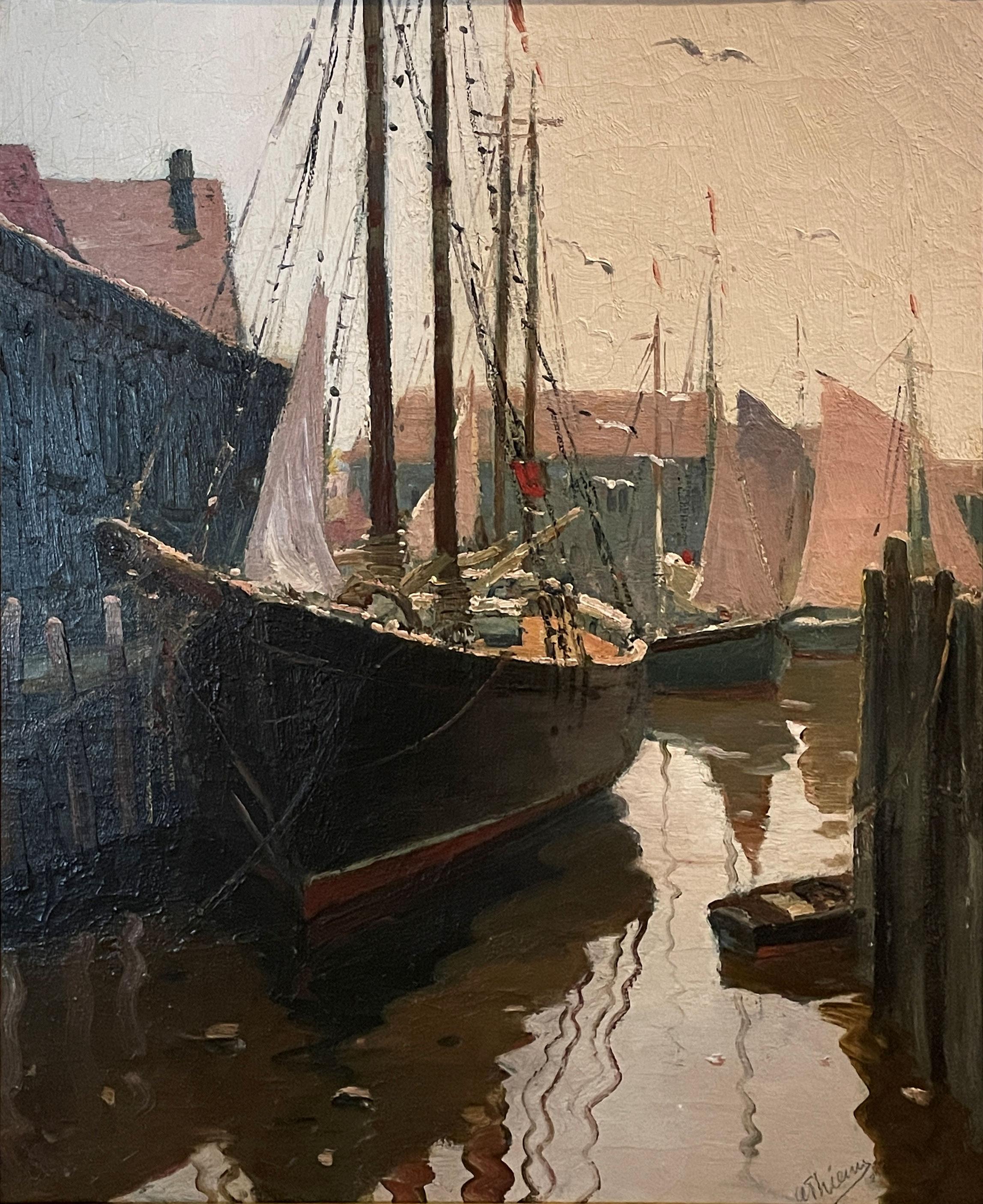 Anthony Thieme
Bateau démantelé
Signé en bas à droite
Huile sur toile
30 x 25 pouces

Anthony Thieme est né dans la ville portuaire néerlandaise de Rotterdam en 1888. Il a étudié à l'Académie des beaux-arts de Rotterdam, à l'Académie royale de La