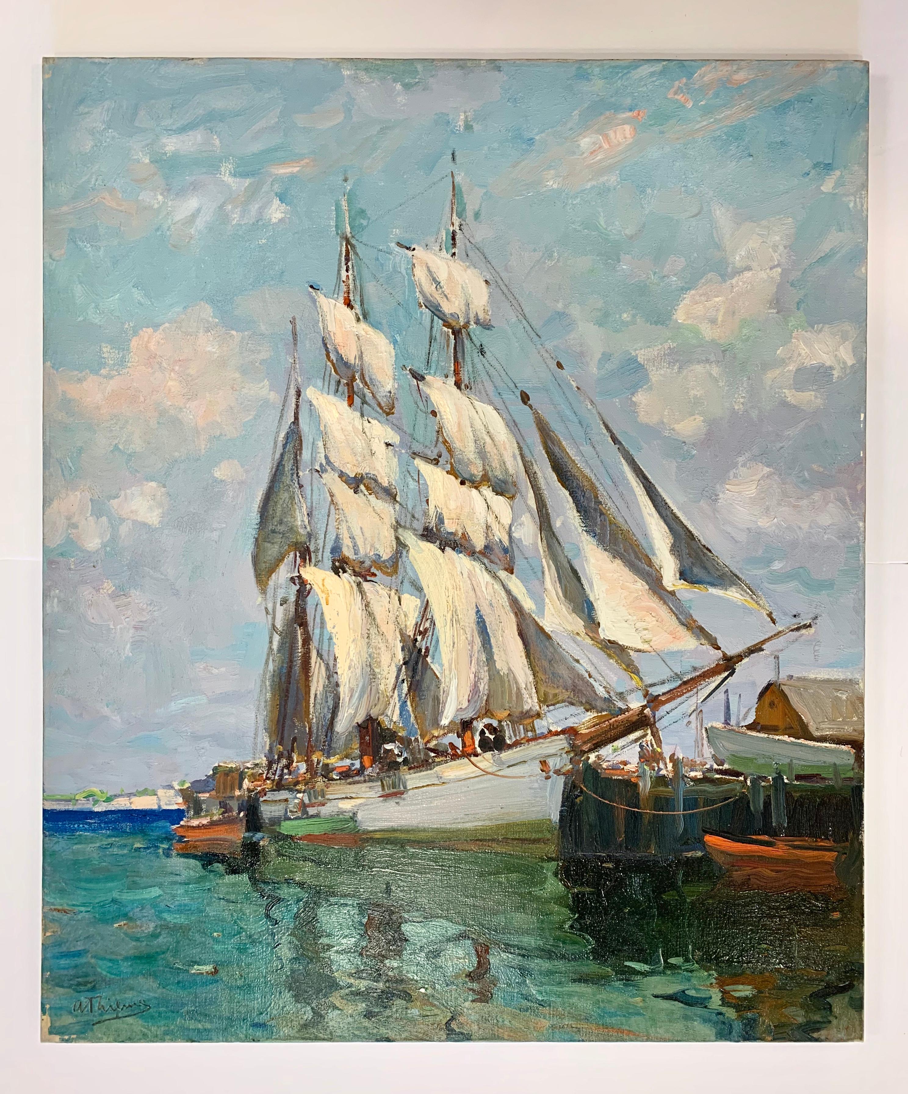 Drying Sails, American Regional School - Painting by Anthony Thieme