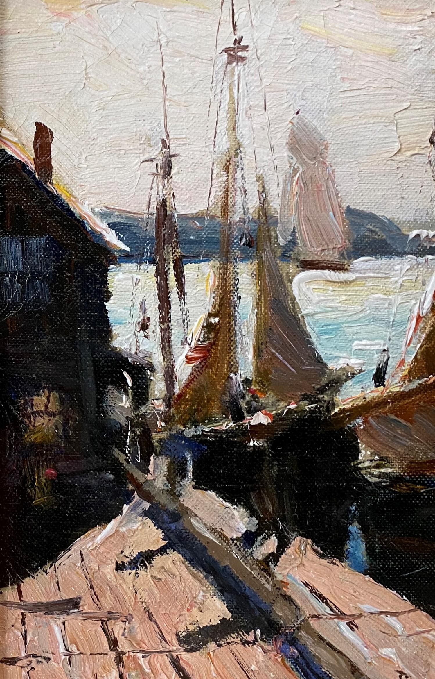 Une belle peinture de marine impressionniste de bateaux amarrés dans le port par l'artiste néerlandais / américain Anthony Thieme (1888-1954). Thieme est né à Rotterdam, aux Pays-Bas, et après avoir voyagé en Europe, en Angleterre et en Amérique du