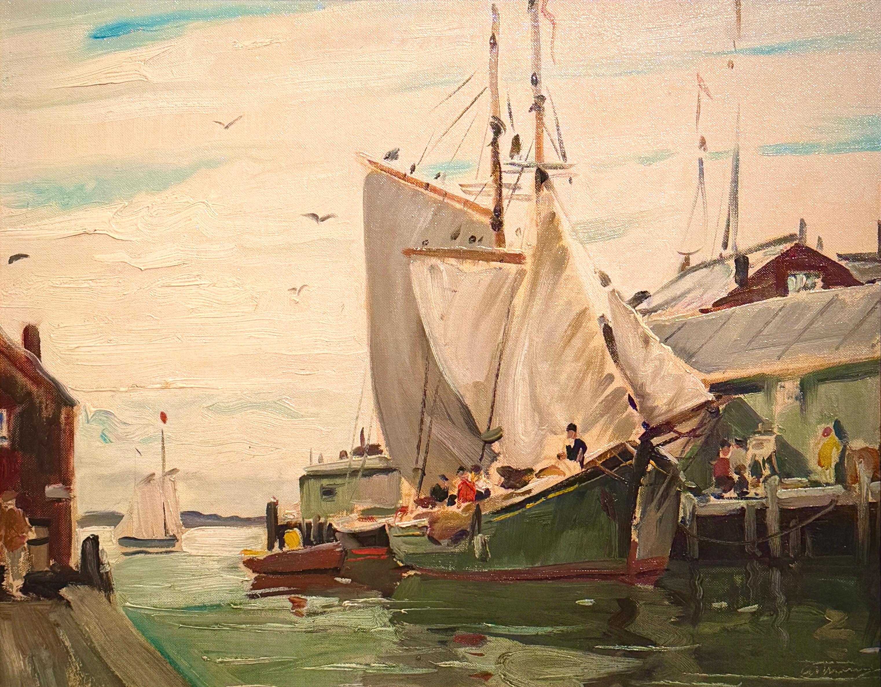 Öl auf Leinwand
Größe des Gemäldes ohne Rahmen: 16 "x20" 
Größe des Gemäldes mit Rahmen: 19 "x23"
Signiert unten rechts

Eine lebhafte, sonnendurchflutete Hafenszene von Anthony Thieme, einem der bedeutendsten Maler der Künstlerkolonie
