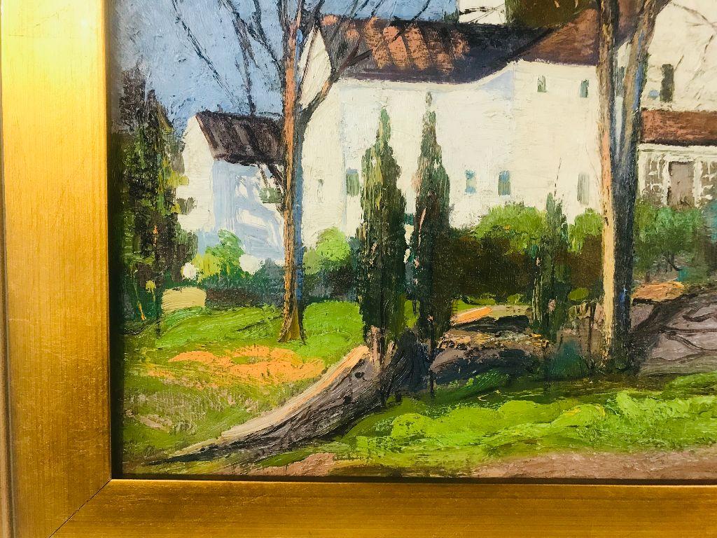 Striking oil on board by well regarded 20th century artist Anthony Thieme (1888-1954). This painting of a large white house shows skillful play of light and color and it is done beautifully. 
Thieme was born in Holland and came to the U.S. in the