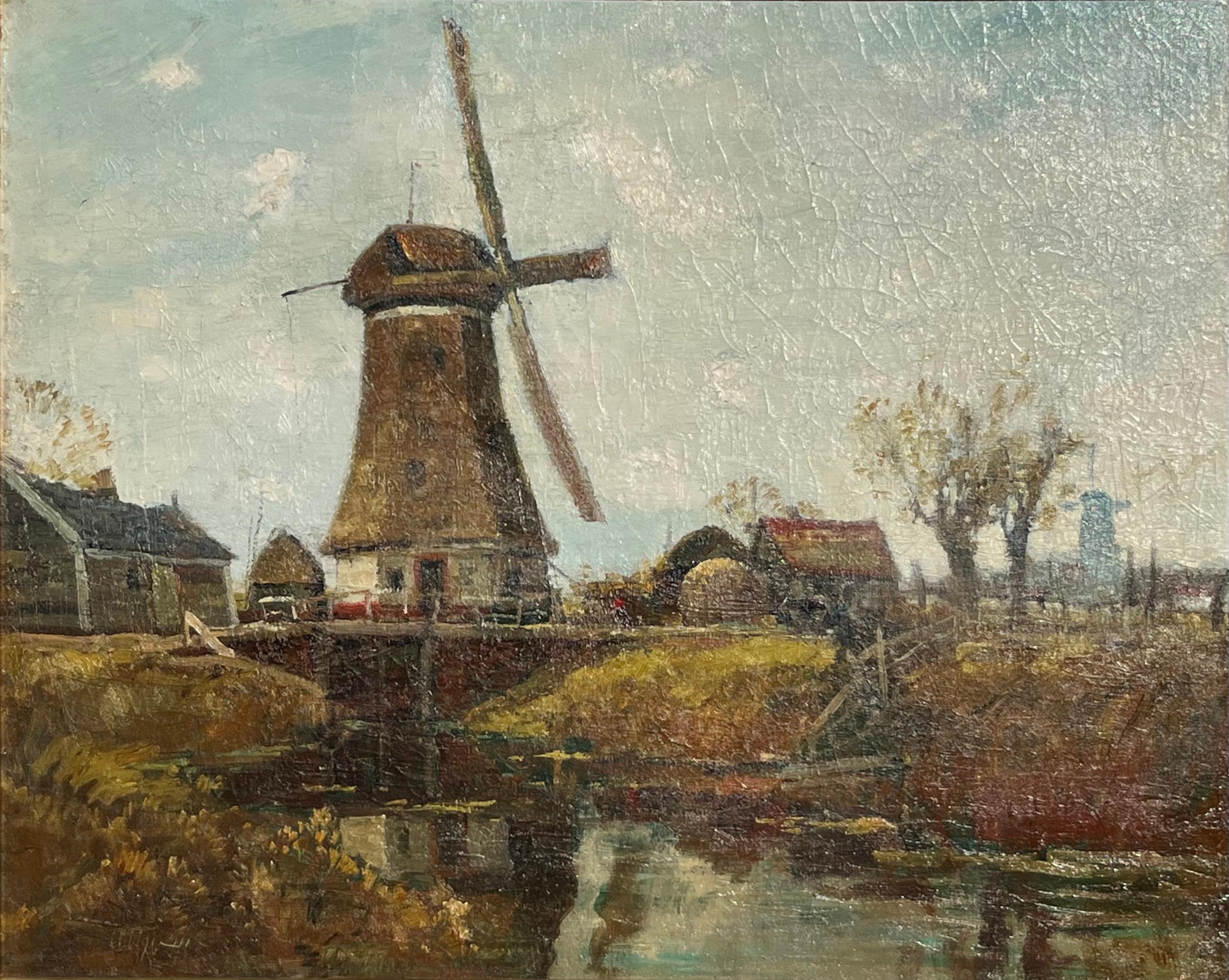 Anthony Thieme (Am. 1888–1954) Dutch landscape with Windmill.
Oil on canvas 
Signed (A. Thieme) L/L, 

A very large and formidable oils painting on canvas by Anthony Thieme. The landscape depicting the Netherlands hills covered in Windmills and farm
