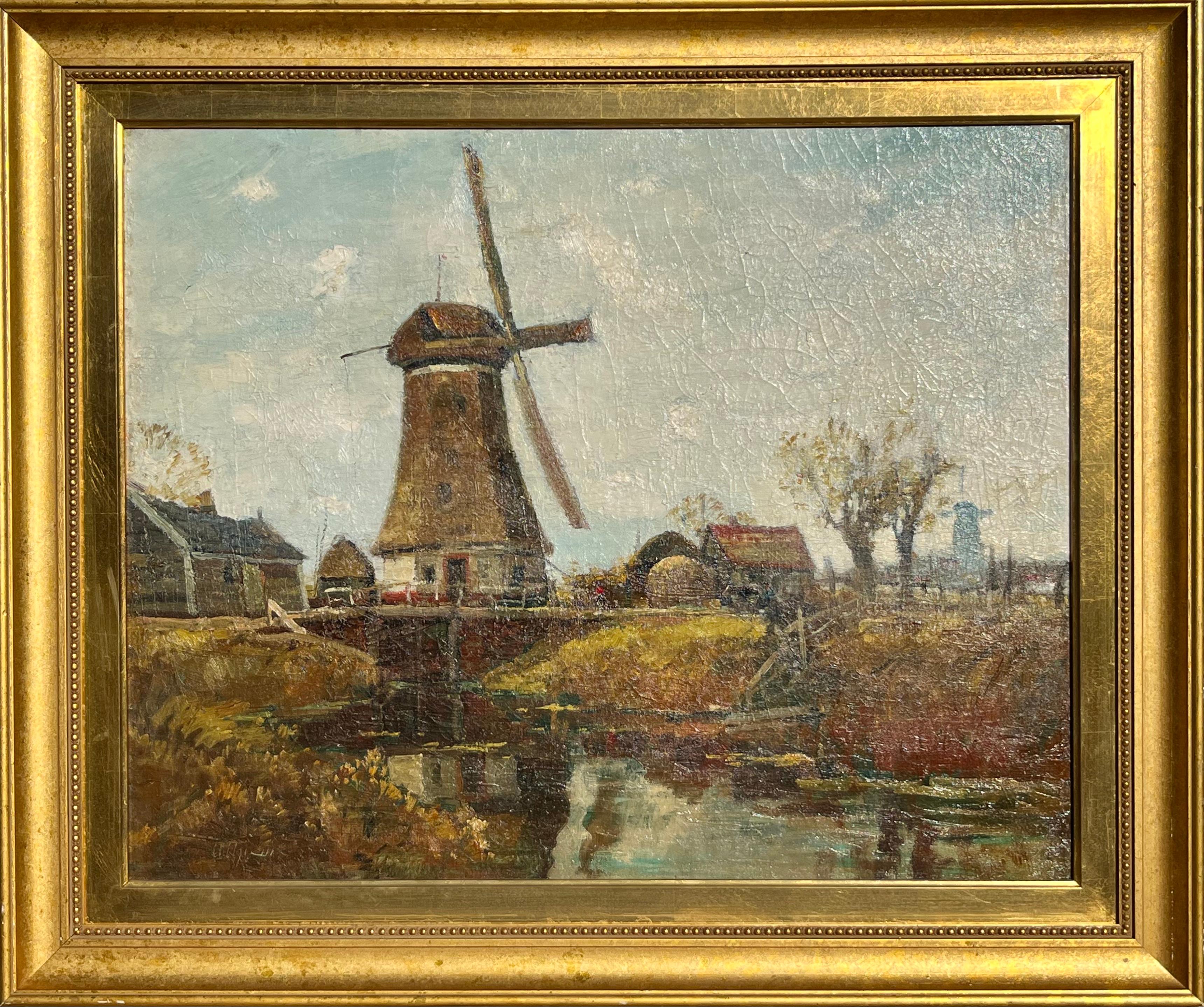Mid-Century Modern Peinture à l'huile - paysage de moulin à vent d'Anthony Thieme