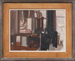 Antico dipinto ad olio astratto firmato con cornice, scena d'interni modernista americana