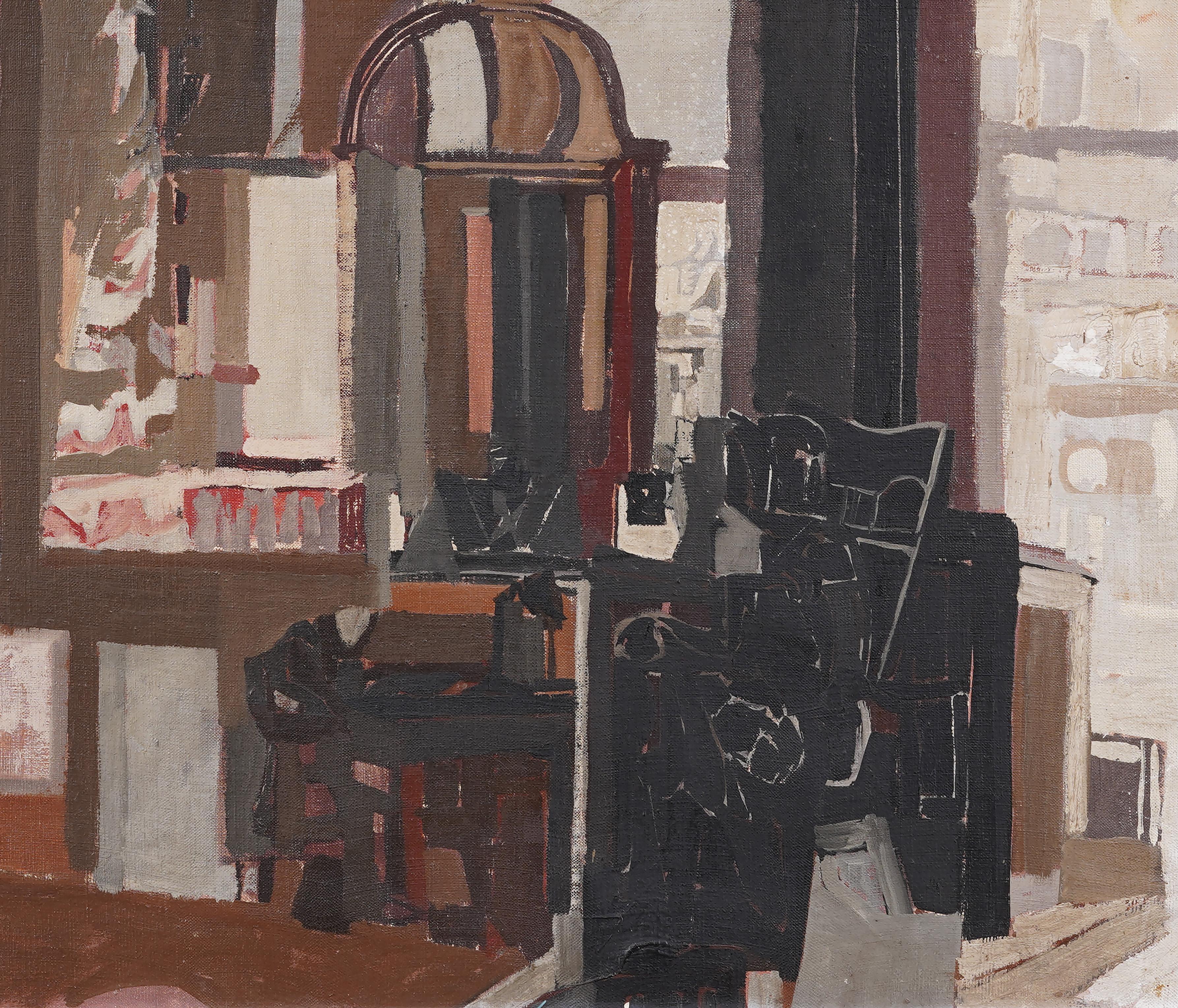 Increíble escena de interior modernista americana temprana de Anthony Toney (1913 - 2004) .  Óleo sobre lienzo.  Enmarcado.  Firmado.  Mide 26 por 32 en total y 18 por 24 pintado solo.  