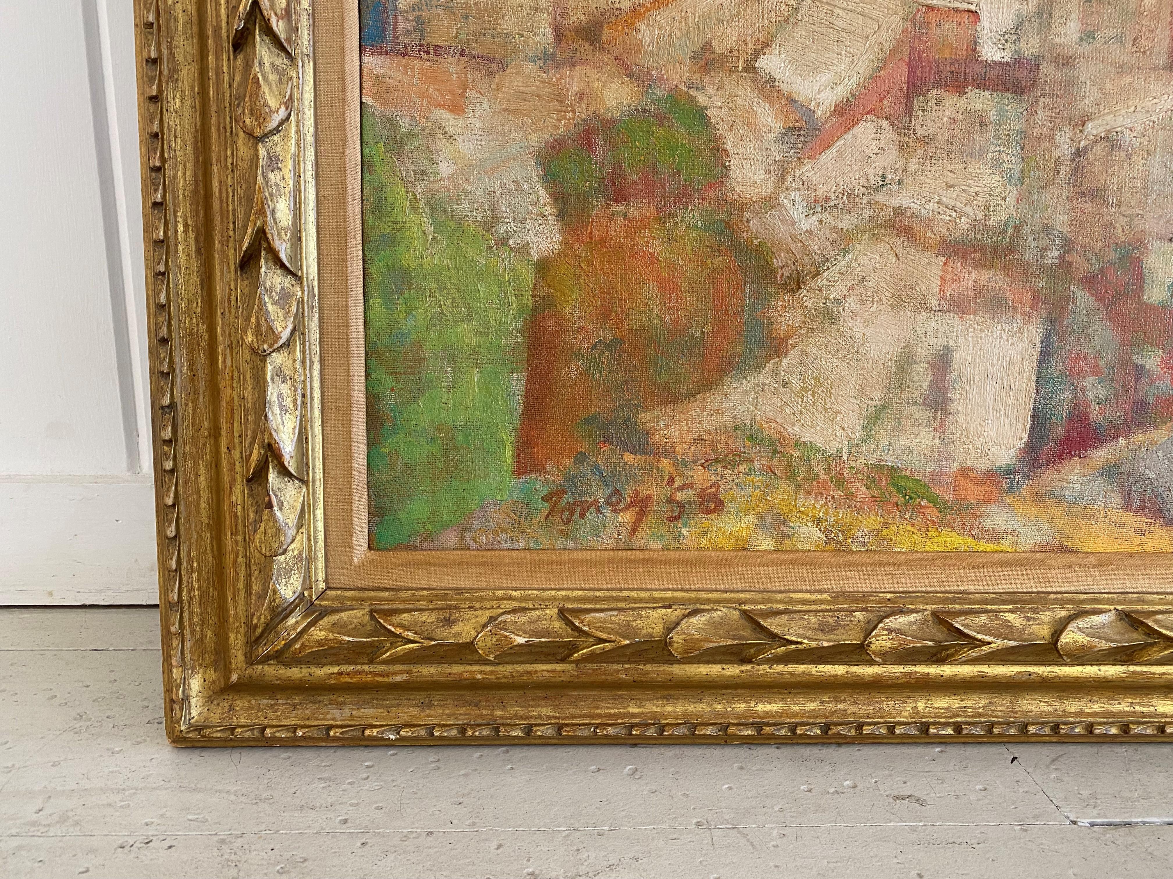 Overlooking A City c. 1958 (Vintage Cityscape Painting, Gold Wooden Frame) 1