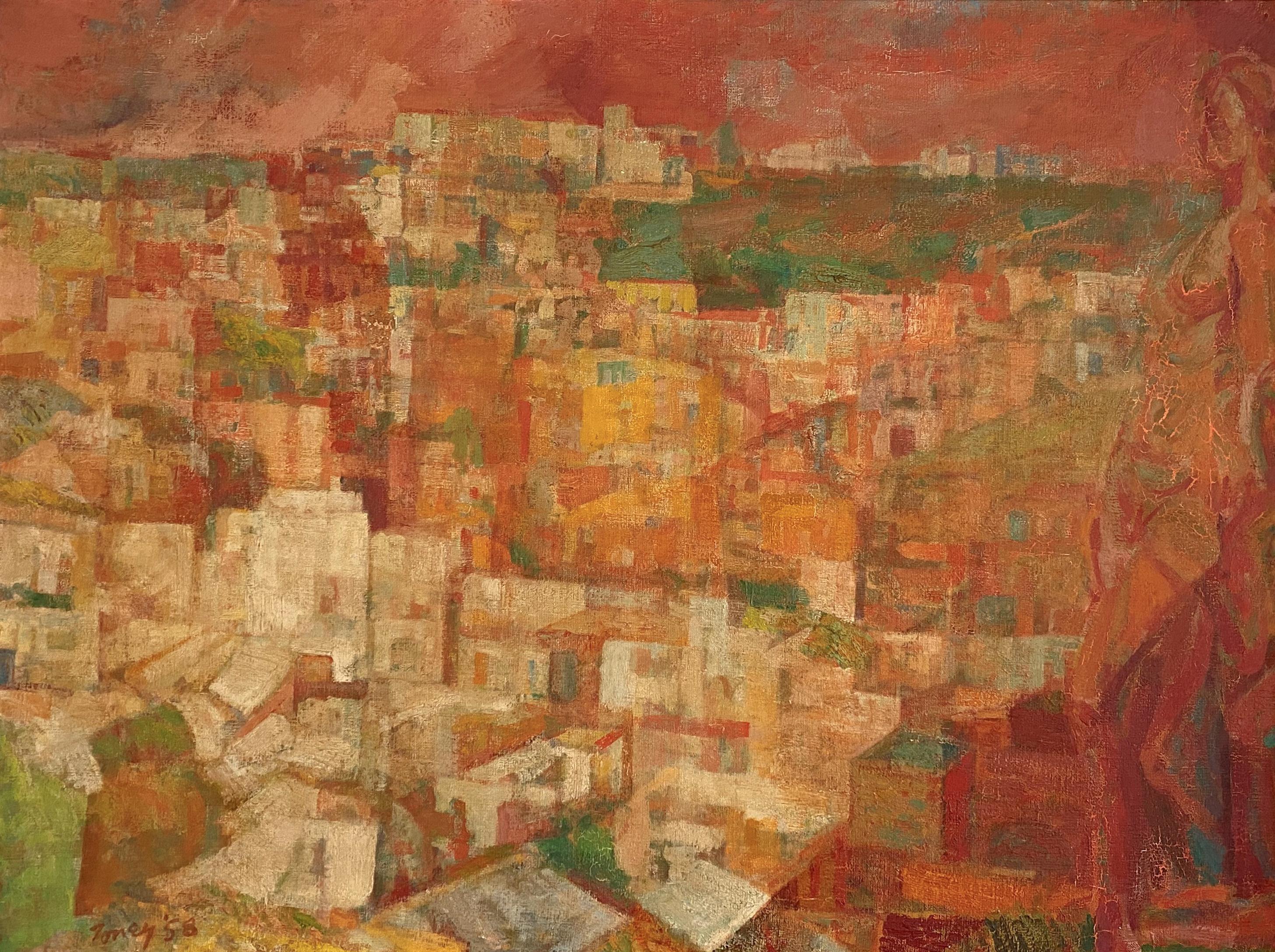 Anthony Toney Figurative Painting - Overlooking A City c. 1958 (Vintage Cityscape Painting, Gold Wooden Frame)